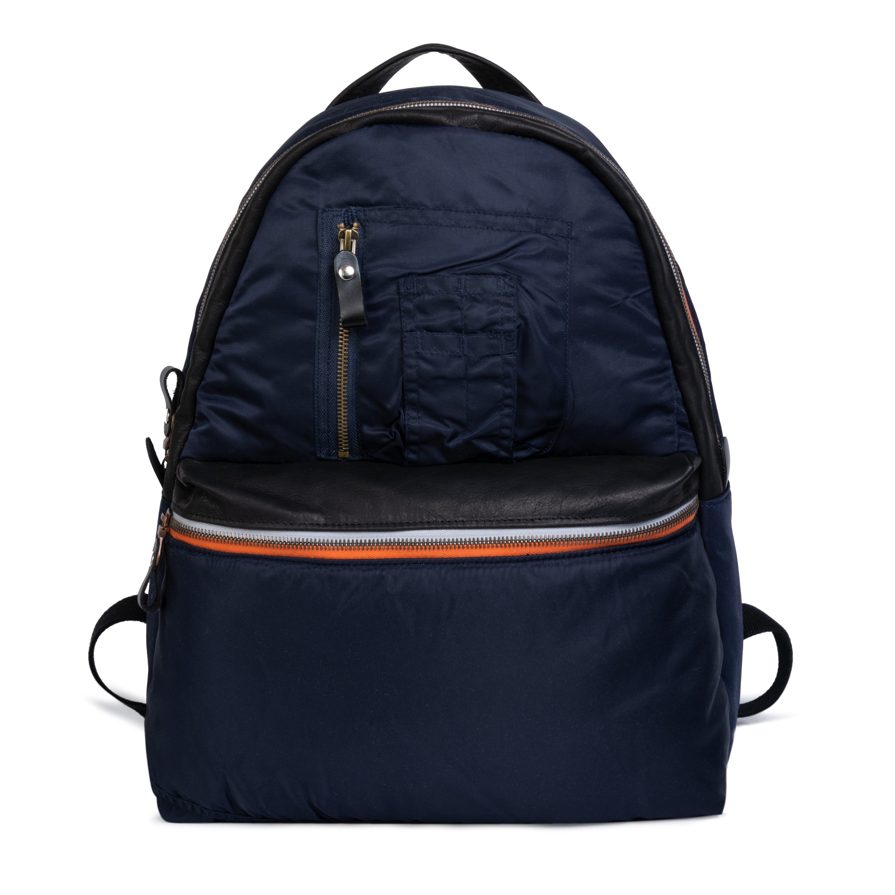 Navy blue backpack with an orange zipper on a white background