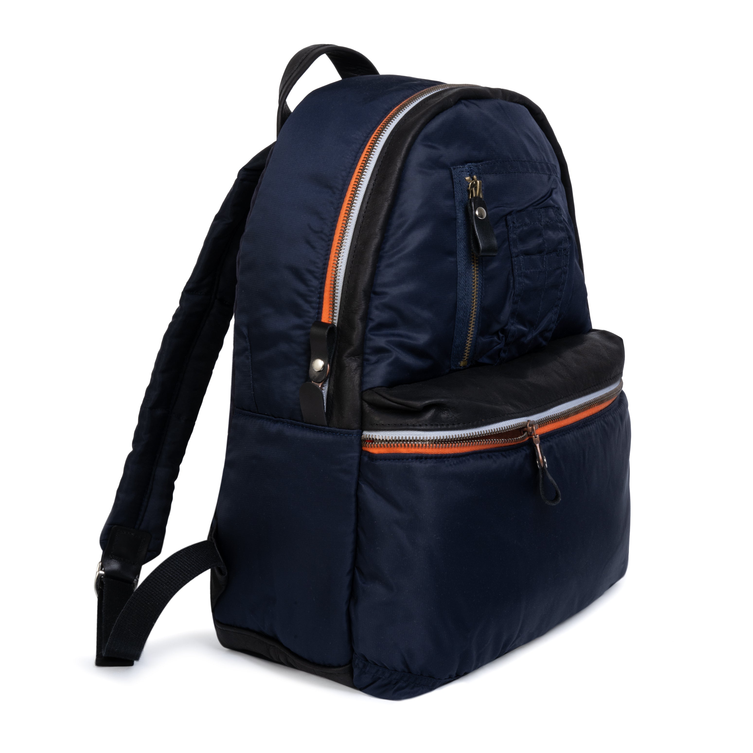 Navy blue backpack with orange zippers on a white background