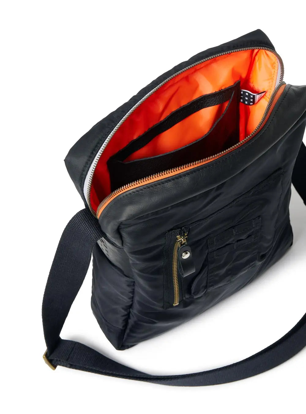 Black shoulder bag with orange interior on a white background