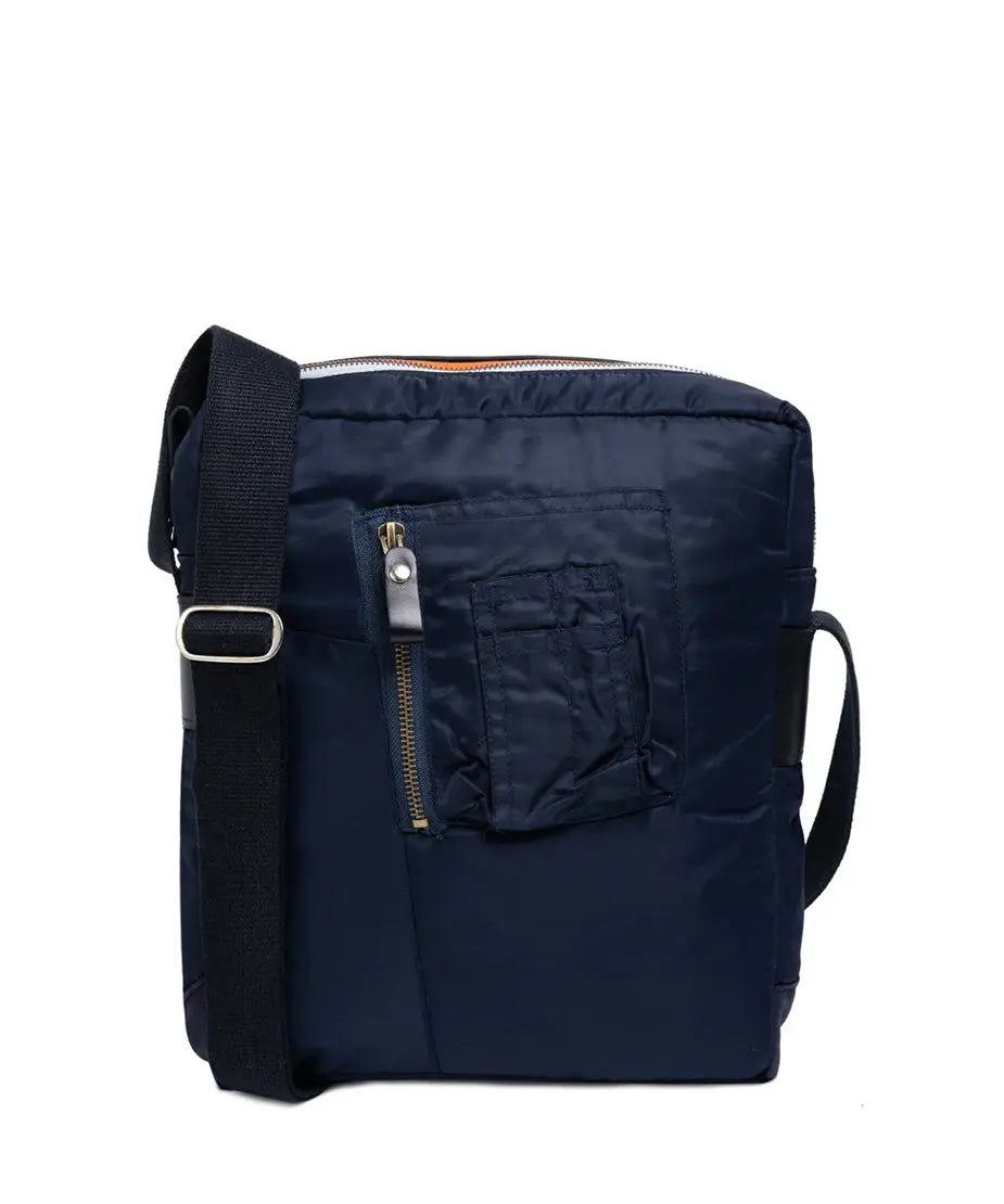Navy blue backpack with a shoulder strap on a white background