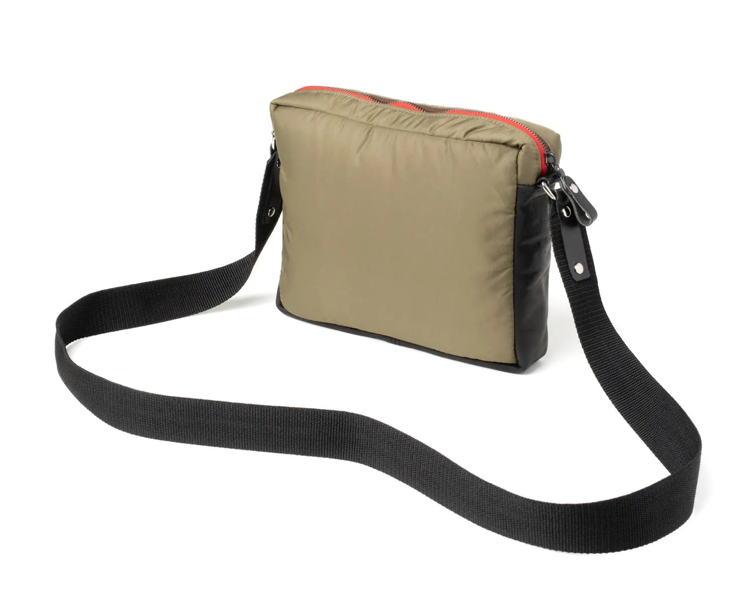 Olive crossbody bag with black strap on a white background