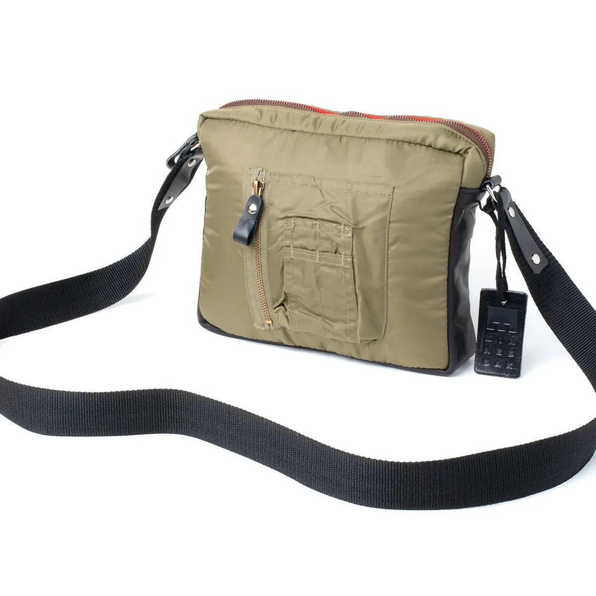 Olive Khaki shoulder bag with black strap on a white background
