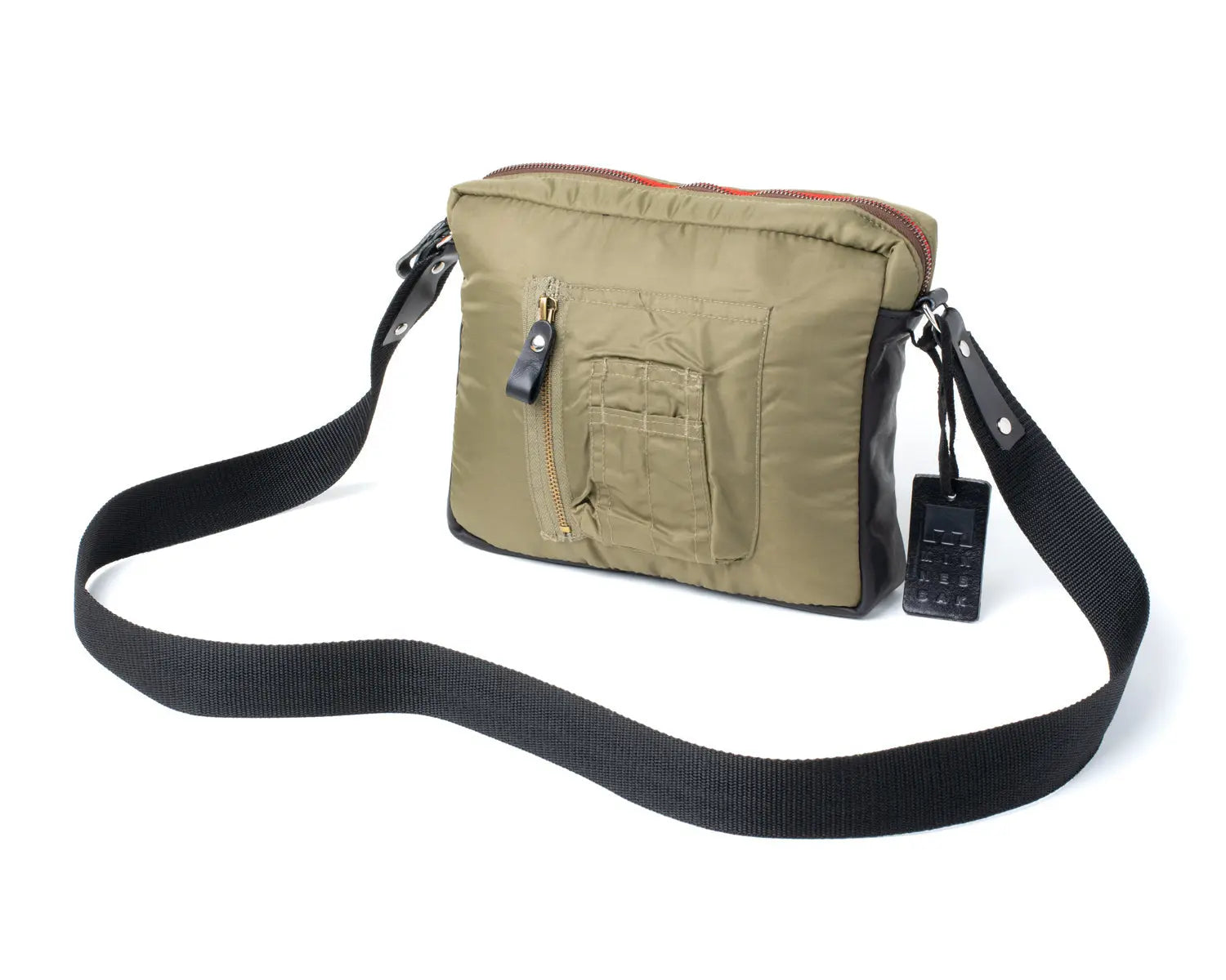 Olive Khaki shoulder bag with black strap on a white background