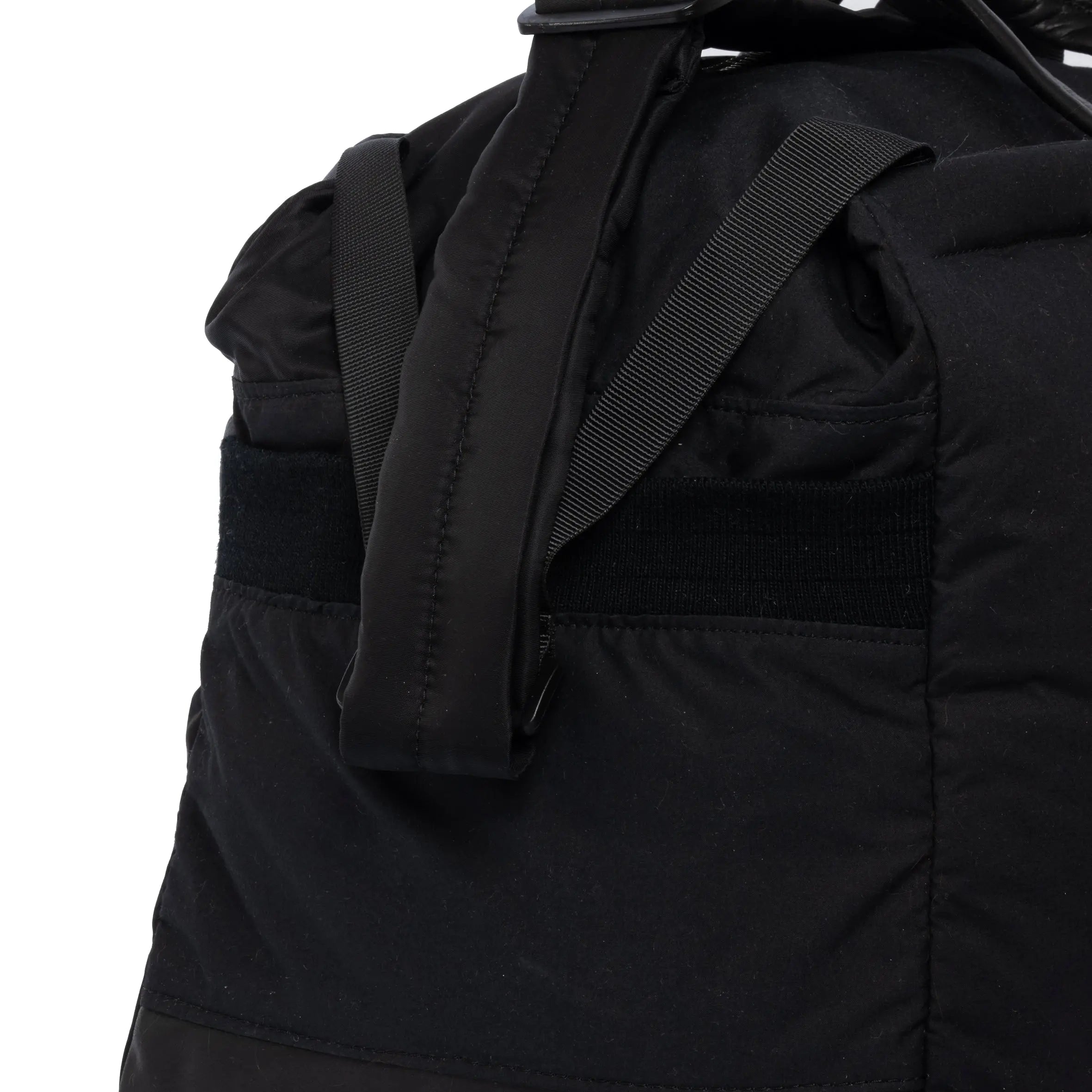 Black Weekender/Gym bag showing strap detail on white background