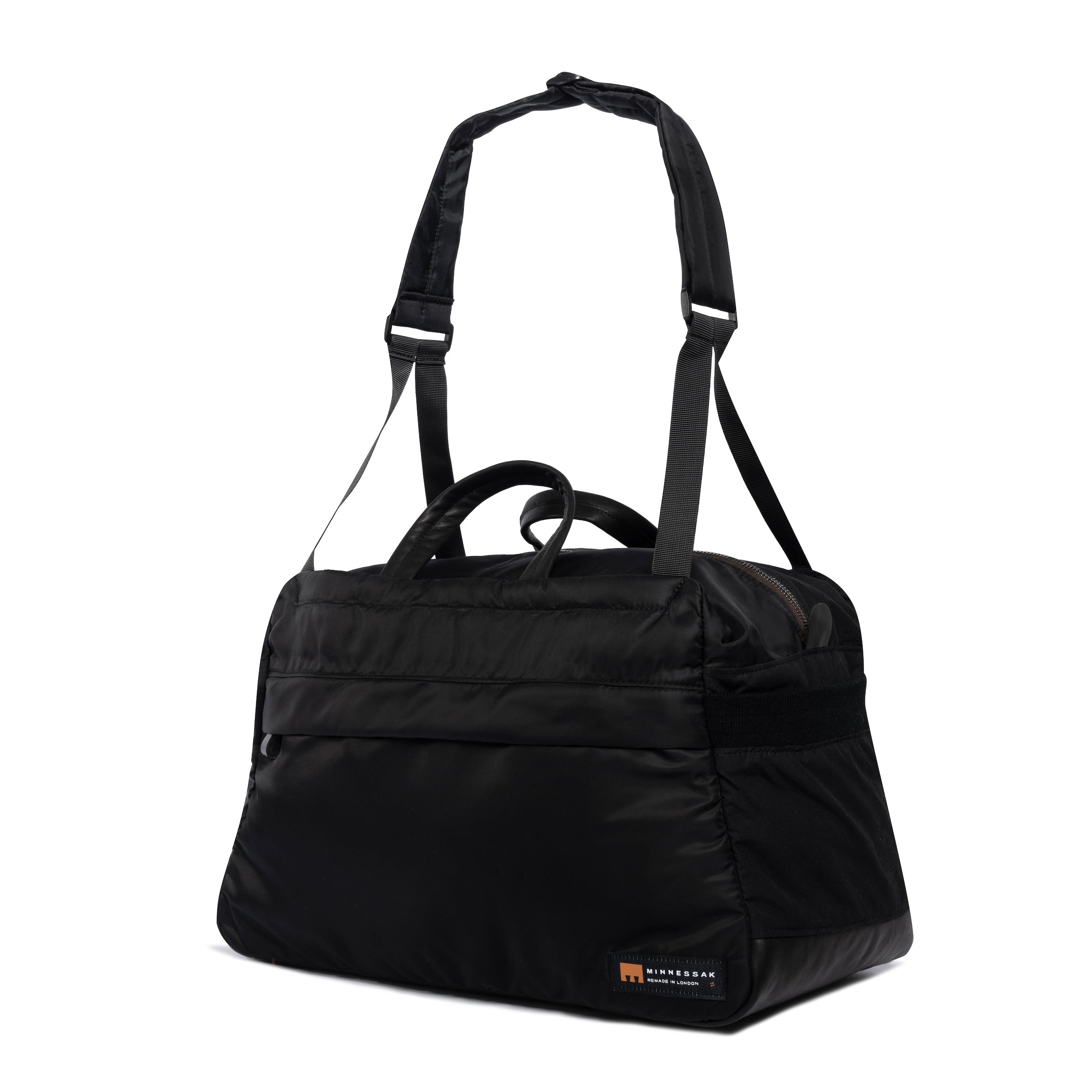 Black Weekender/Gym bag side view with strap and MInnessak logo on white background