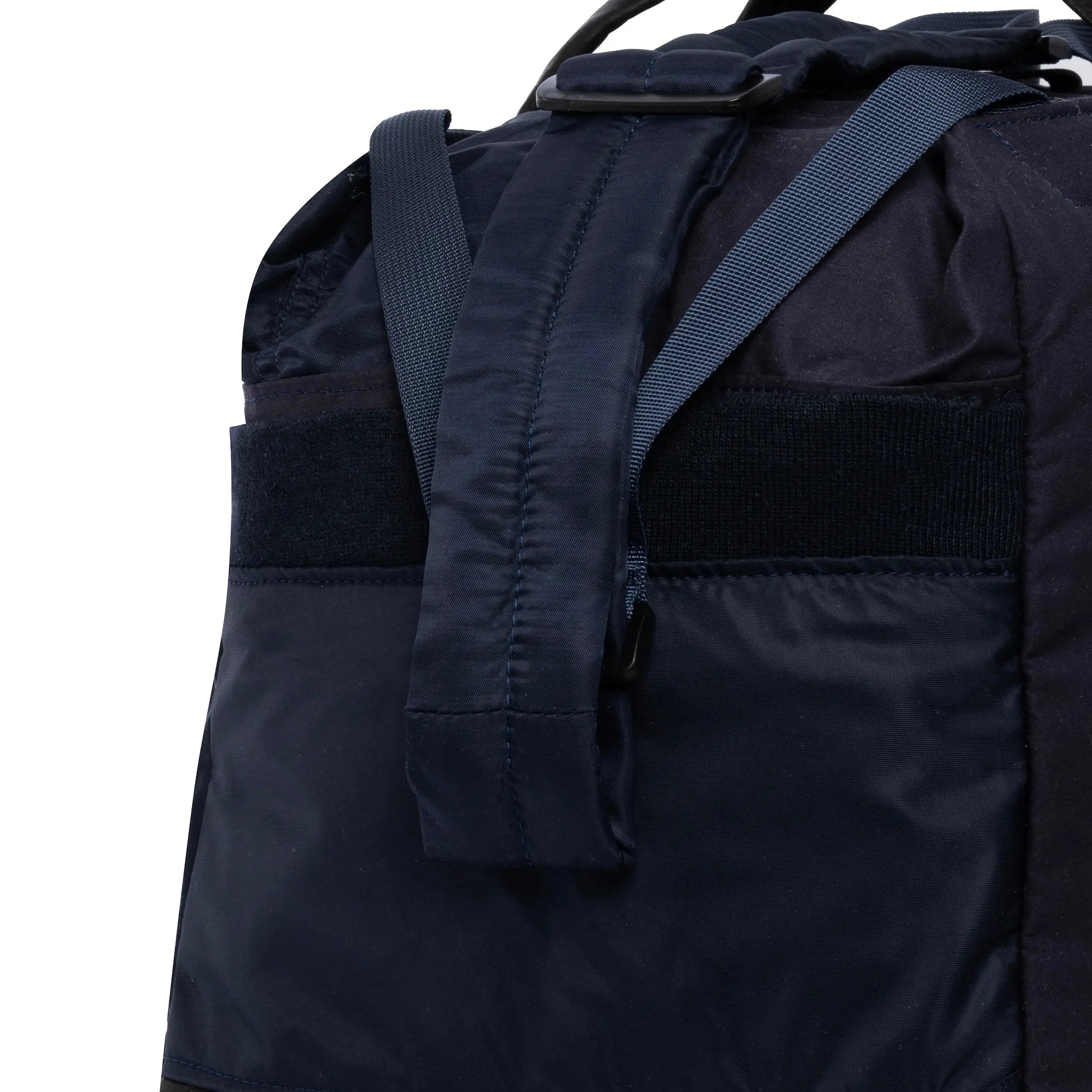 Navy Weekender/Gym bag showing strap detail on white background