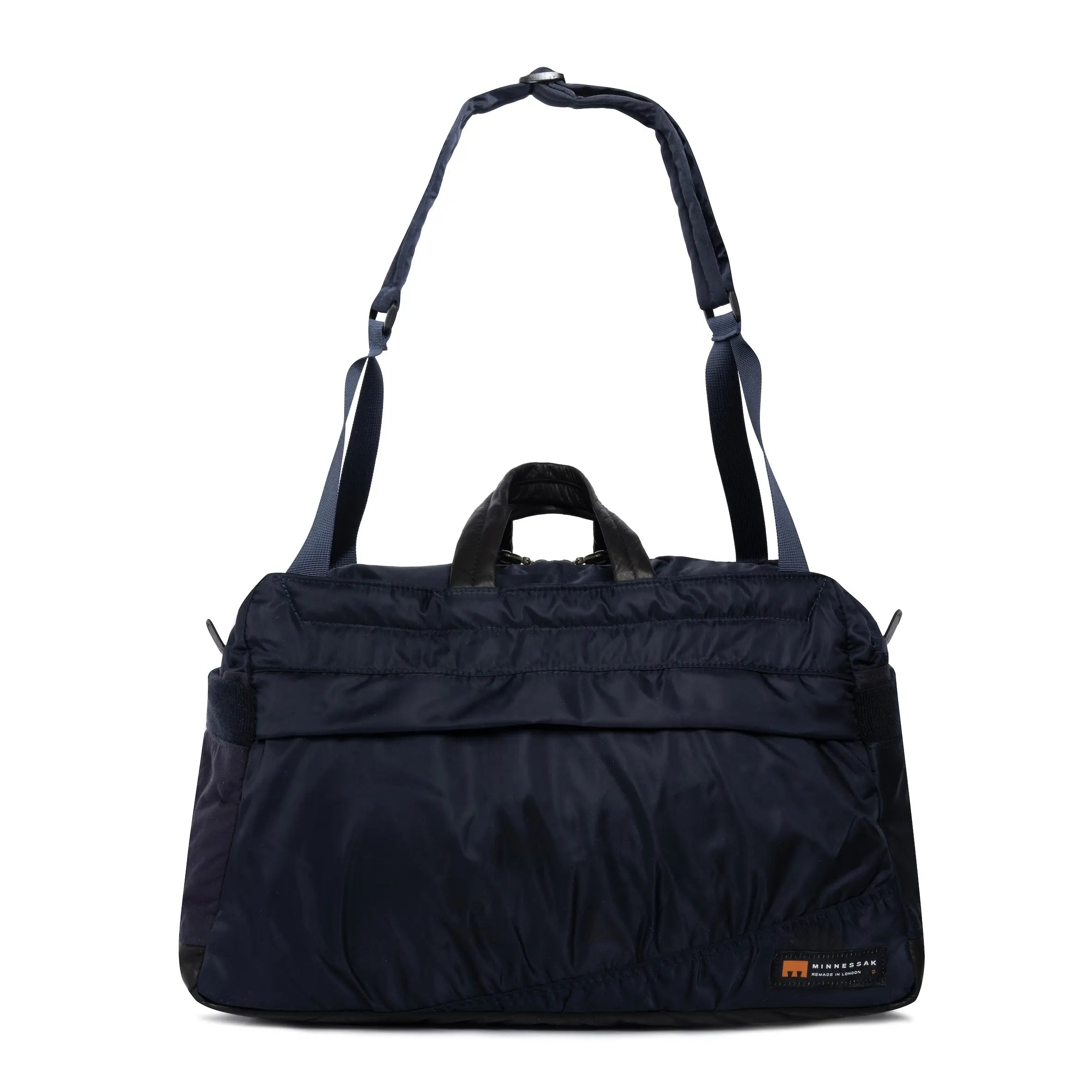 Navy Weekender/Gym bag with strap and MInnessak logo on white background