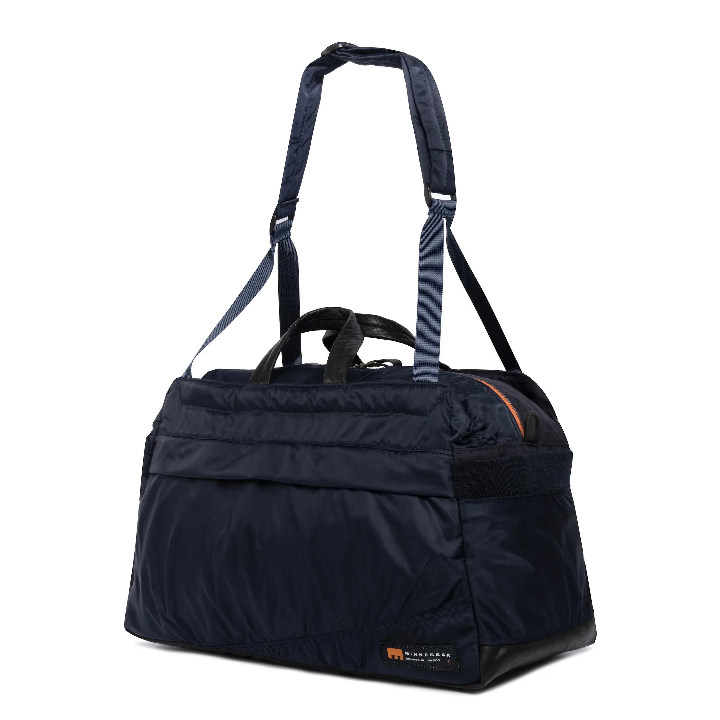 Navy Weekender/Gym bag with strap and MInnessak logo on white background