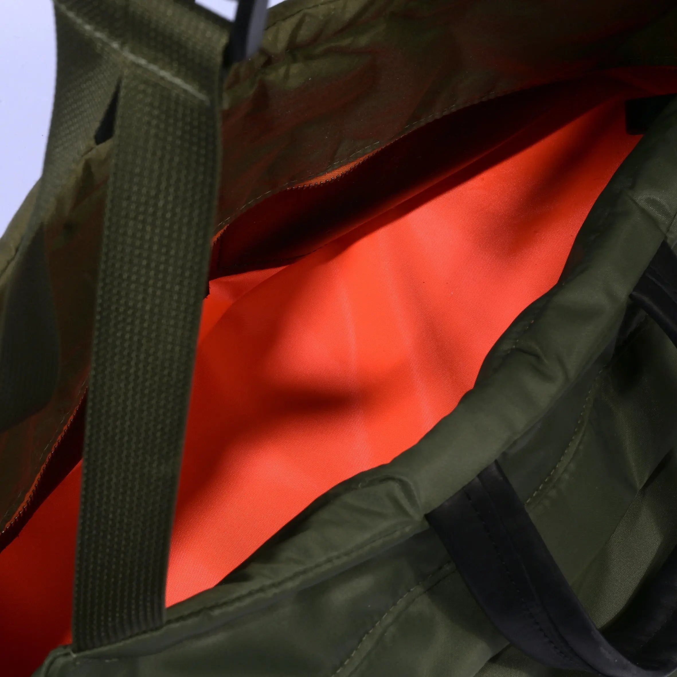 Olive Weekender/Gym bag with strap showing internal on white background
