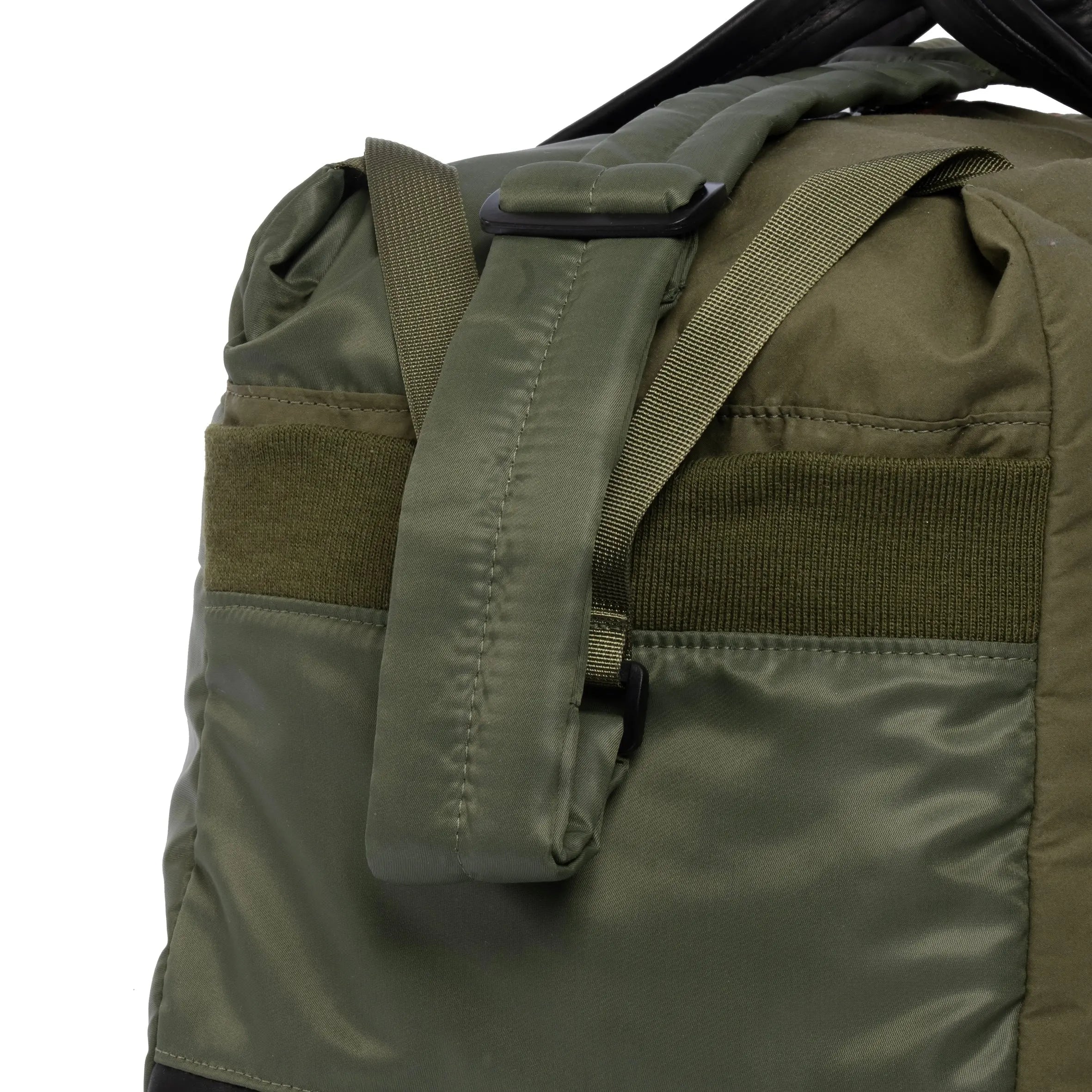 Olive Weekender/Gym bag showing strap detail on white background