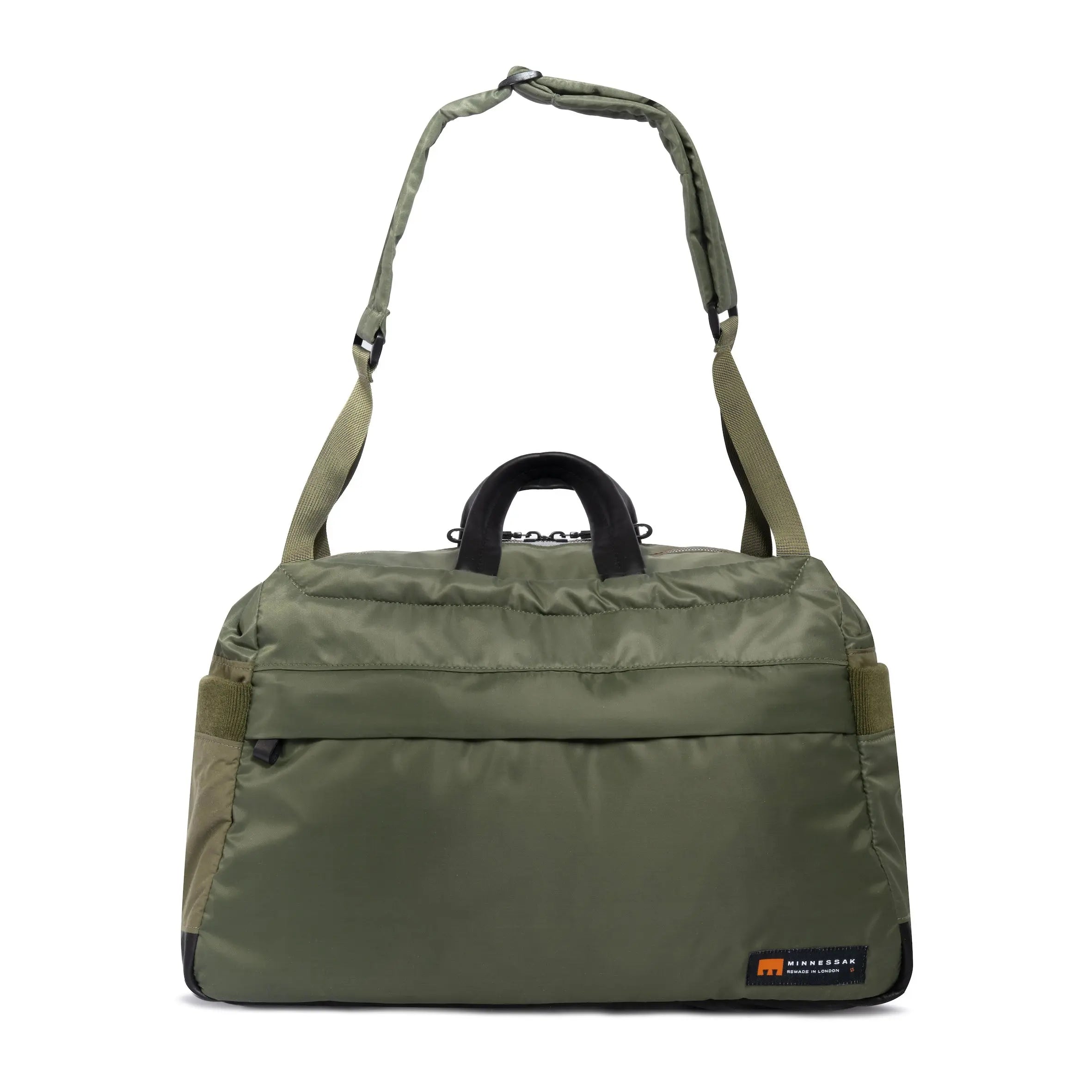 Olive Weekender/Gym bag with strap and MInnessak logo on white background