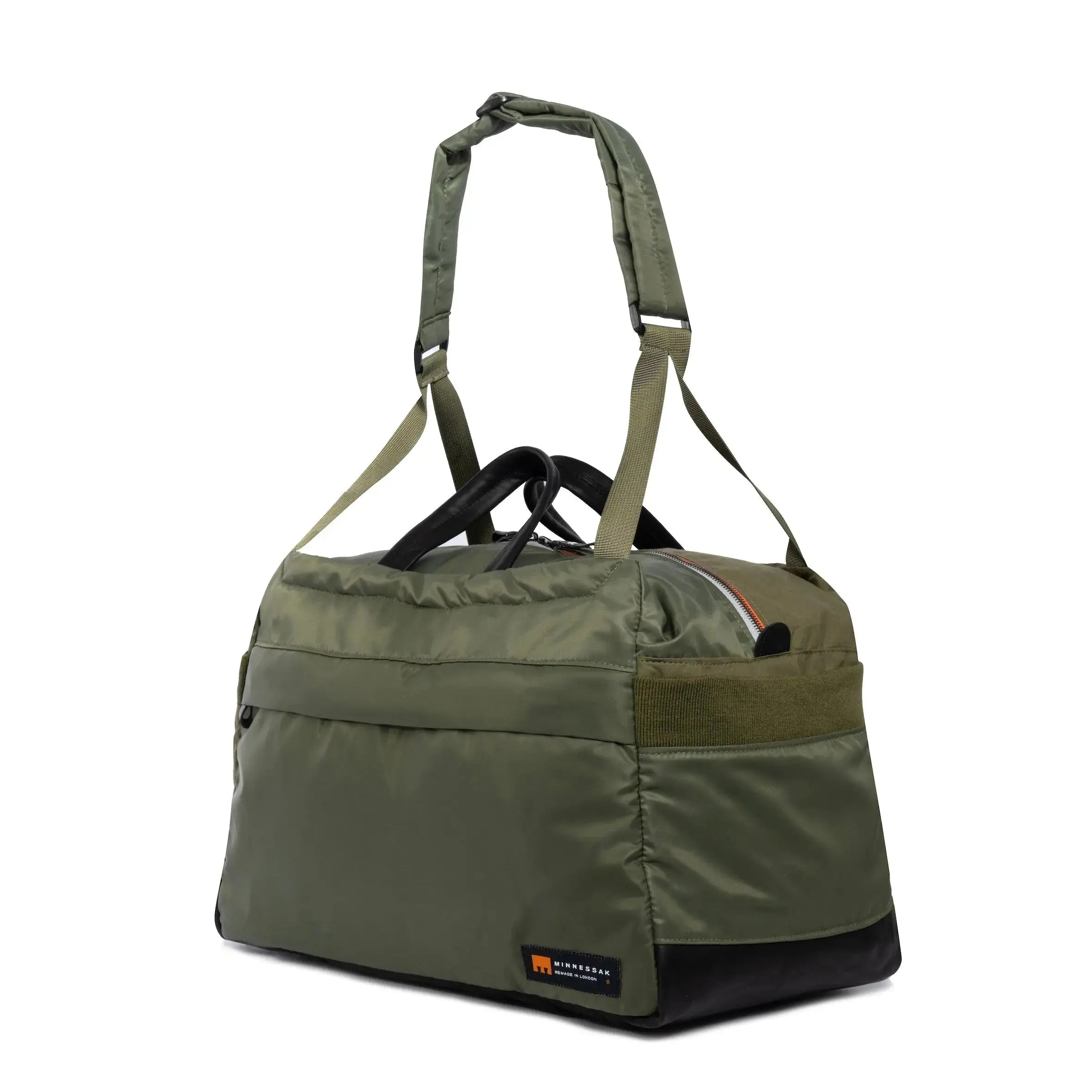 Olive Weekender/Gym bag with strap and MInnessak logo on white background