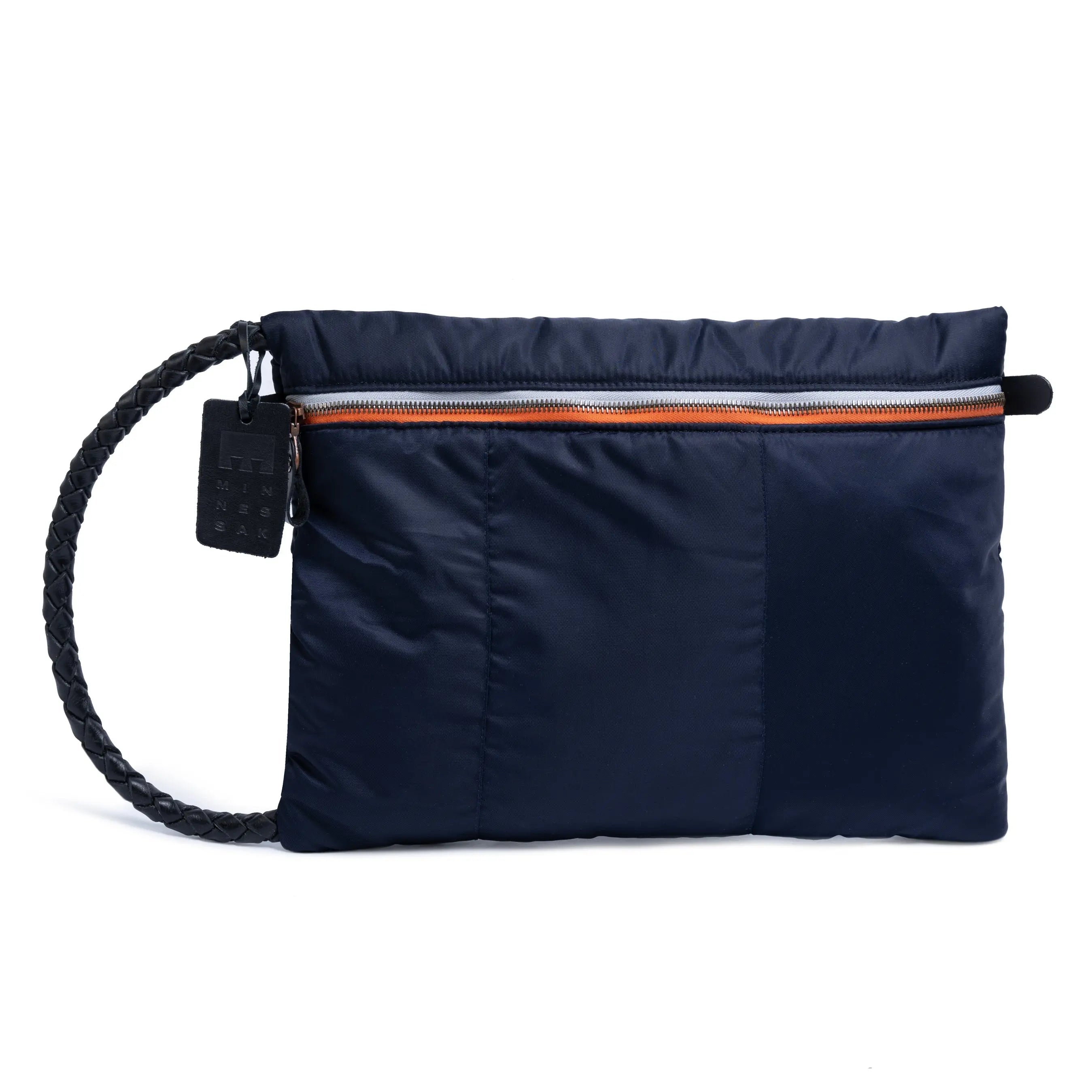 Navy blue crossbody bag with a strap on a white background