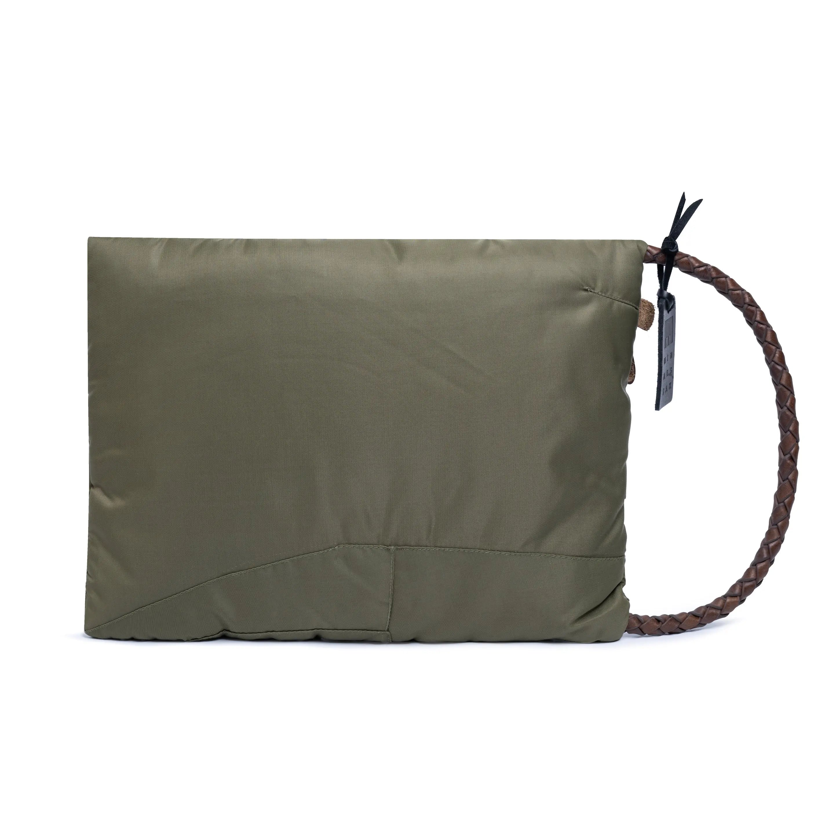 Olive bag with a brown strap on a white background