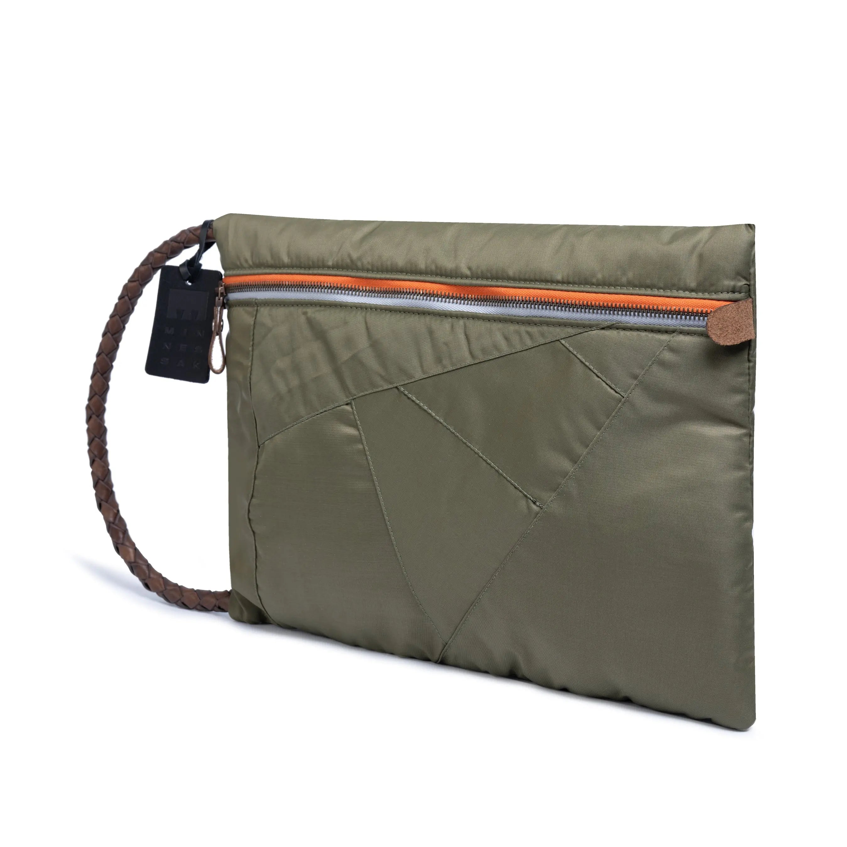 Olive clutch bag with a brown strap on a white background