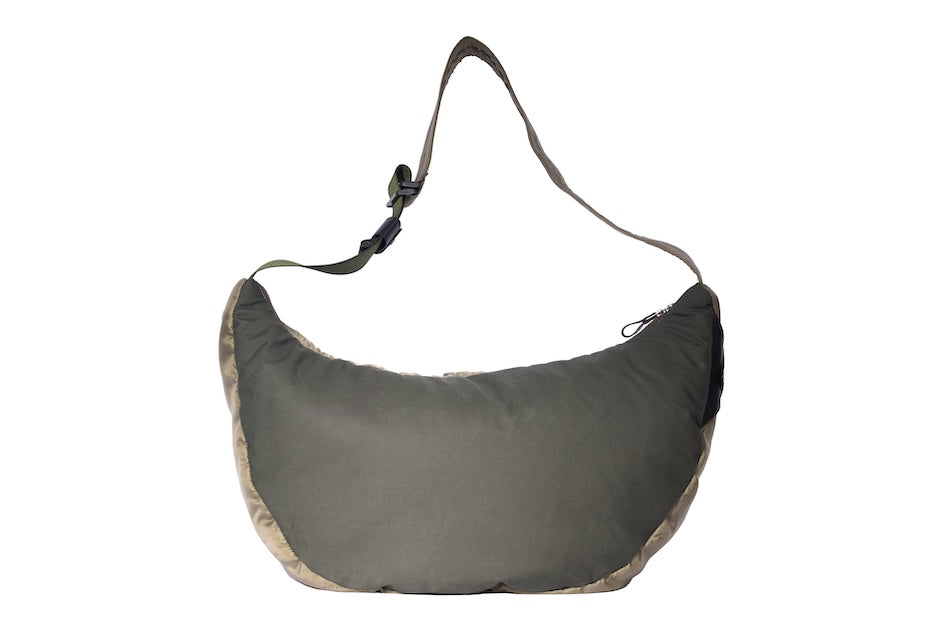 Olive Boat Large back sustainable crossbody bag handmade from deadstock Halley Stevensons dry waxed cotton material with adjustable strap.