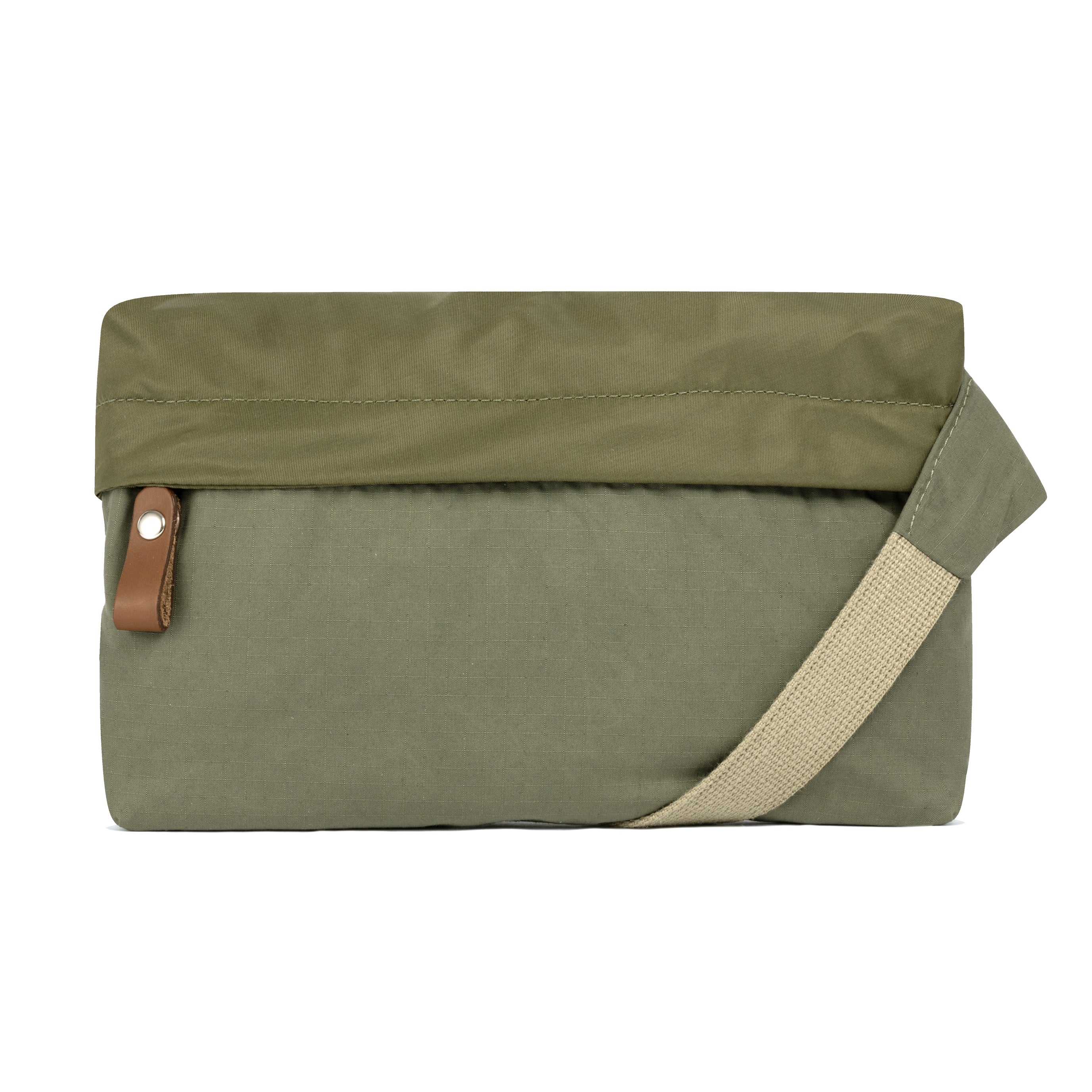 Olive bag with a strap on a white background