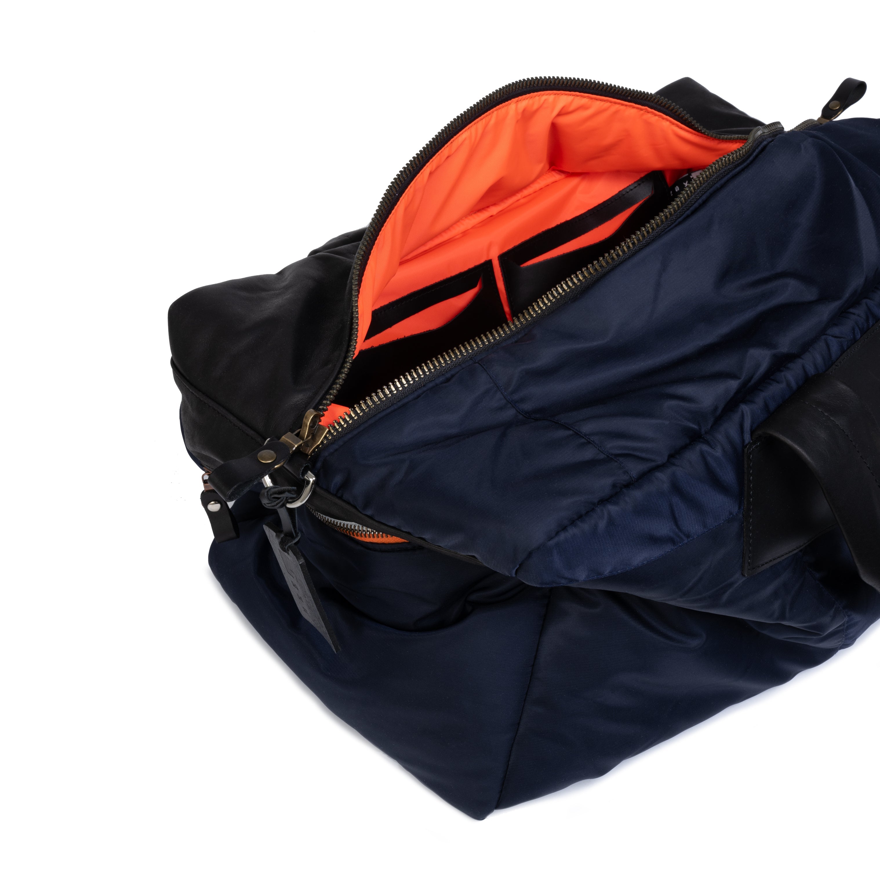 Navy jacket with orange lining on a white background