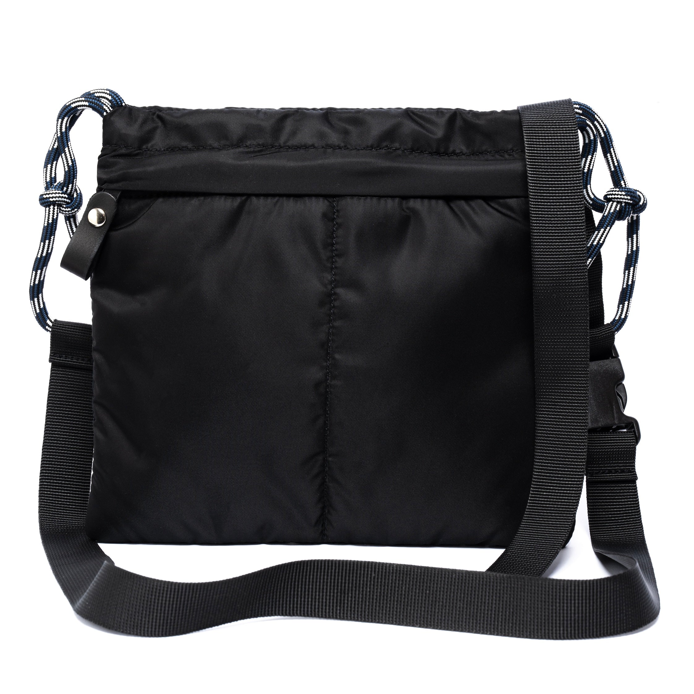Black shoulder bag with drawstring on a white background