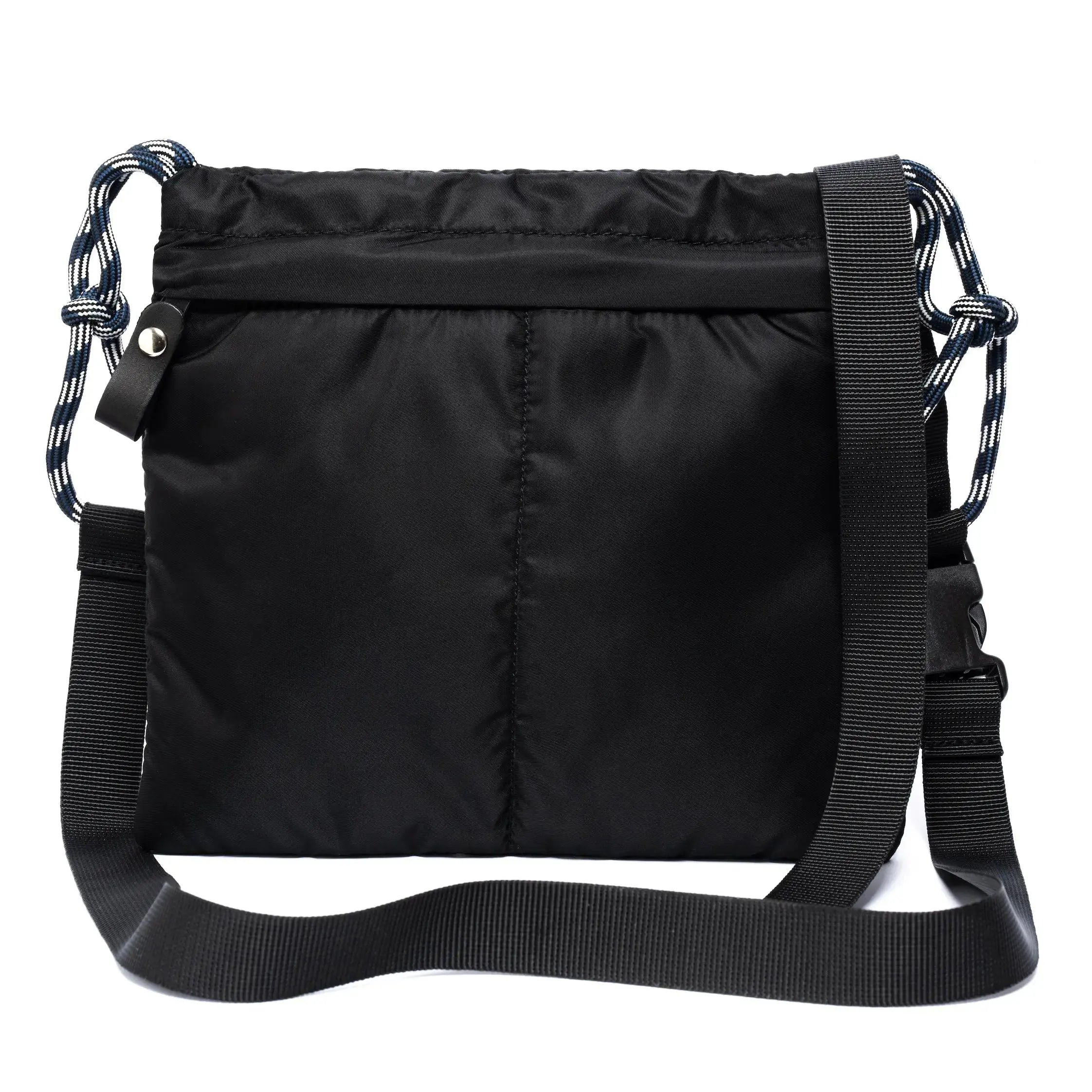 Black shoulder bag with drawstring on a white background