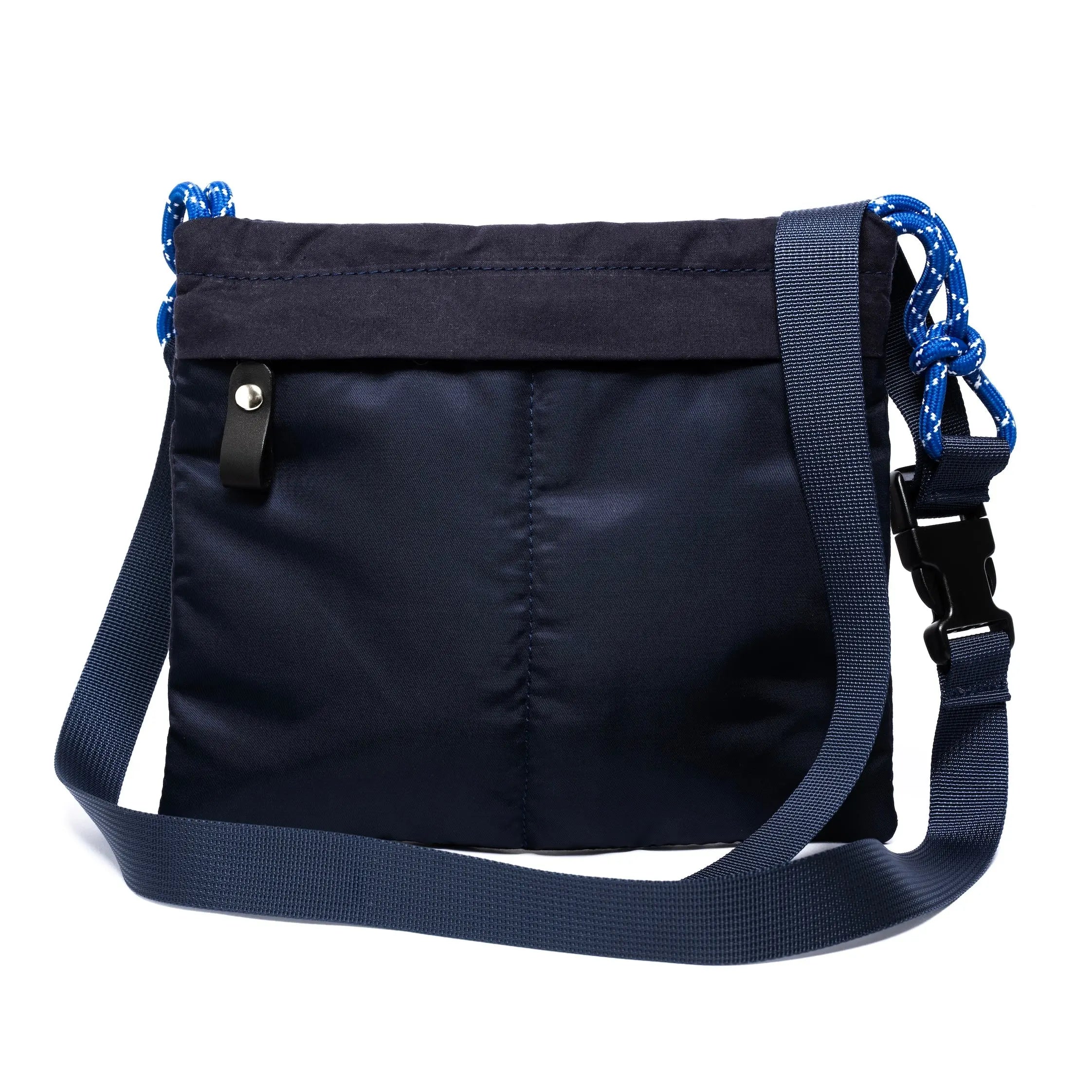 Black shoulder bag with blue chain straps on a white background