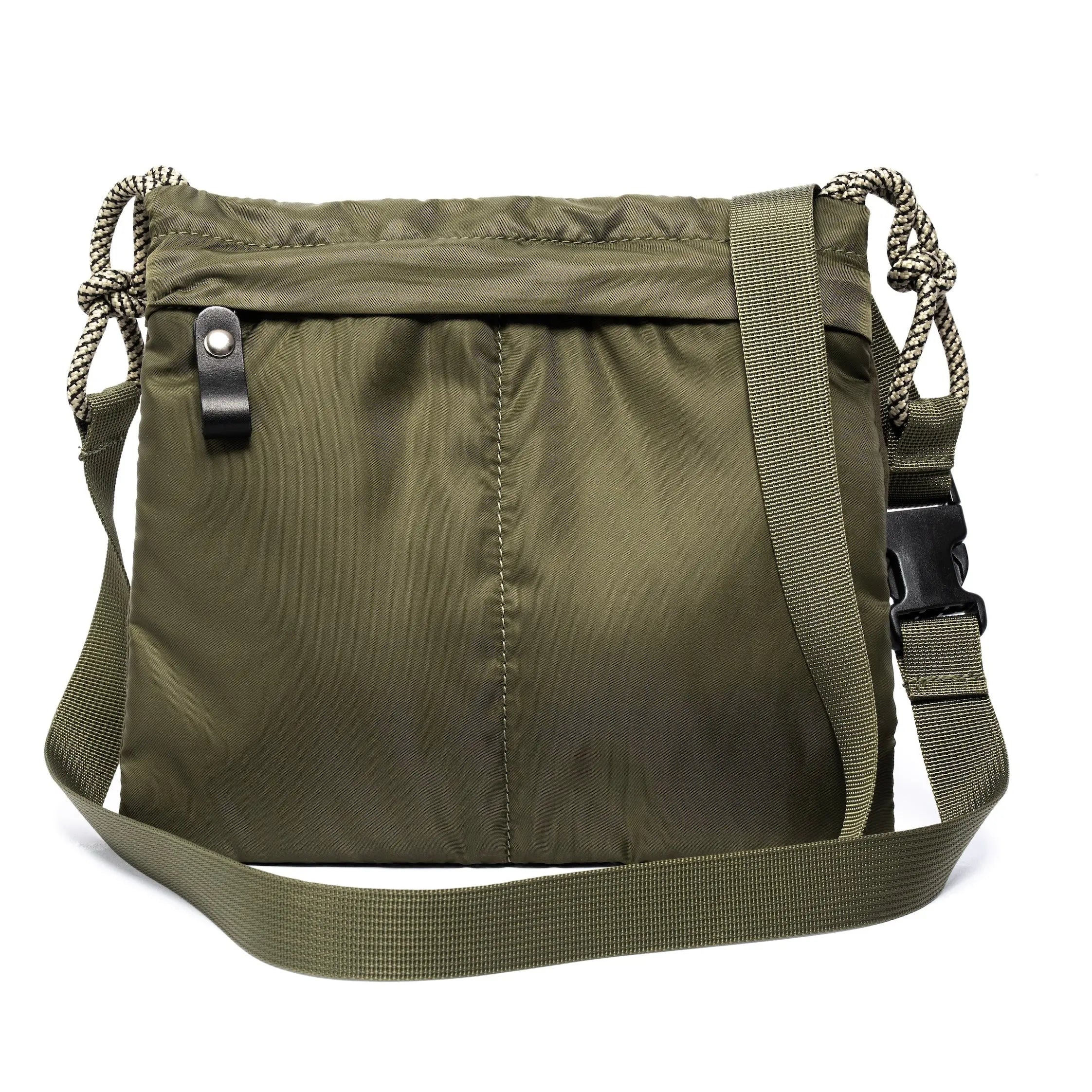 Green shoulder bag with a strap on a white background