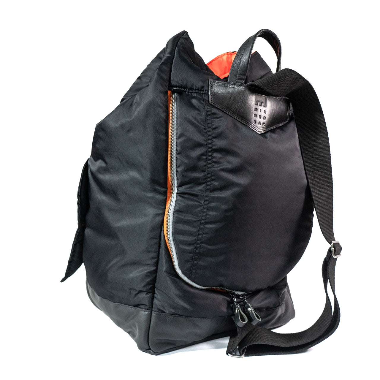 Black backpack with a visible brand logo on a white background