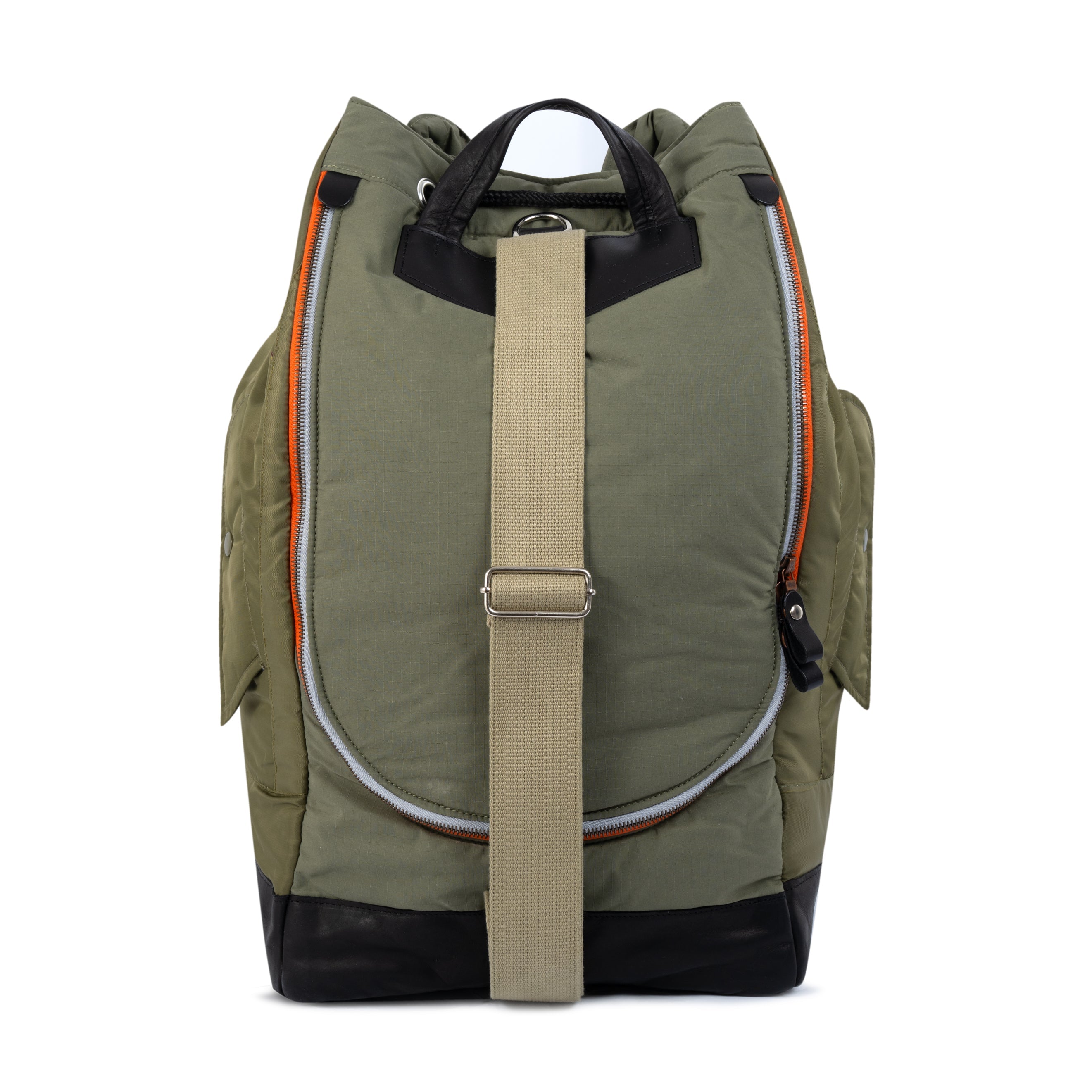Olive backpack with a beige strap on a white background