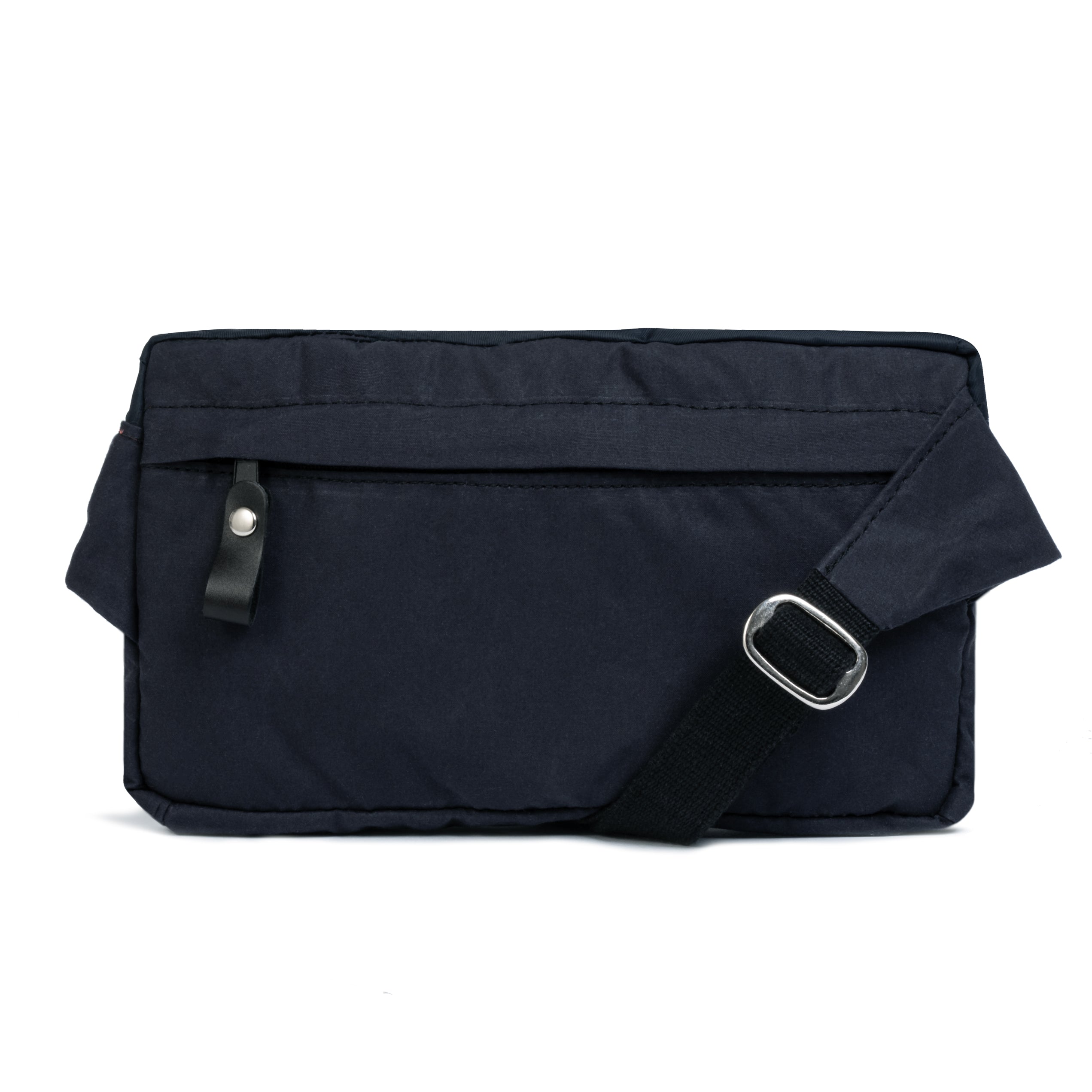 Black waist bag with a strap on a white background