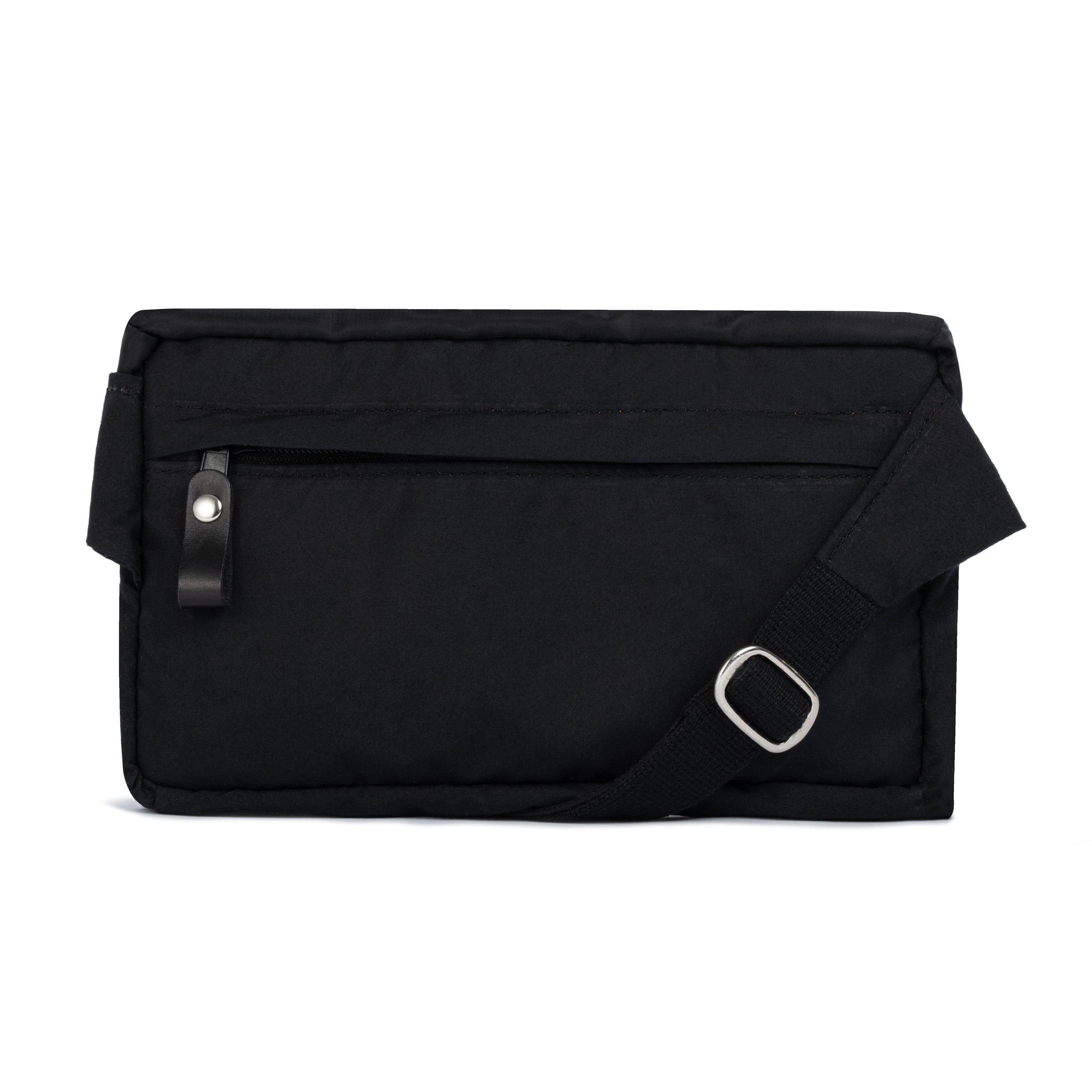 Black crossbody bag with a strap on a white background