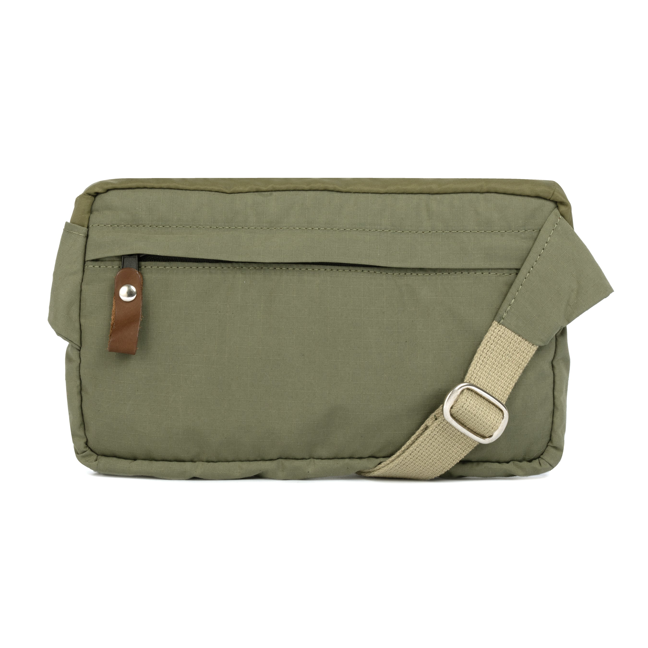 Olive shoulder bag with a strap on a white background