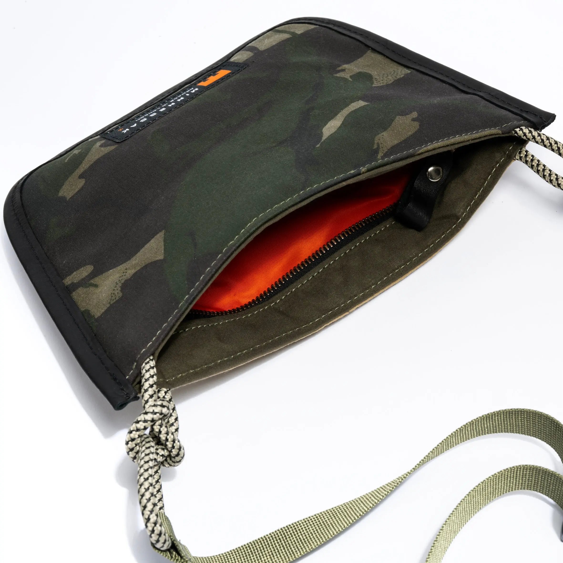 Beige & Camo shoulder/cross body bag showing strap internal detail on white background