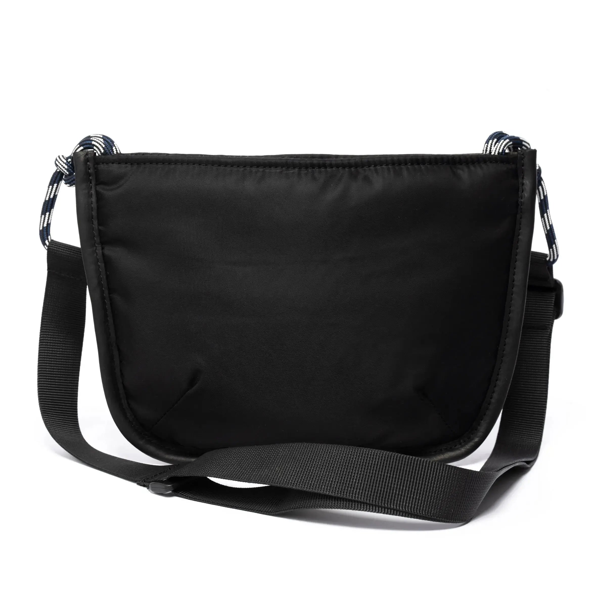 Black shoulder/cross body bag with strap on white background
