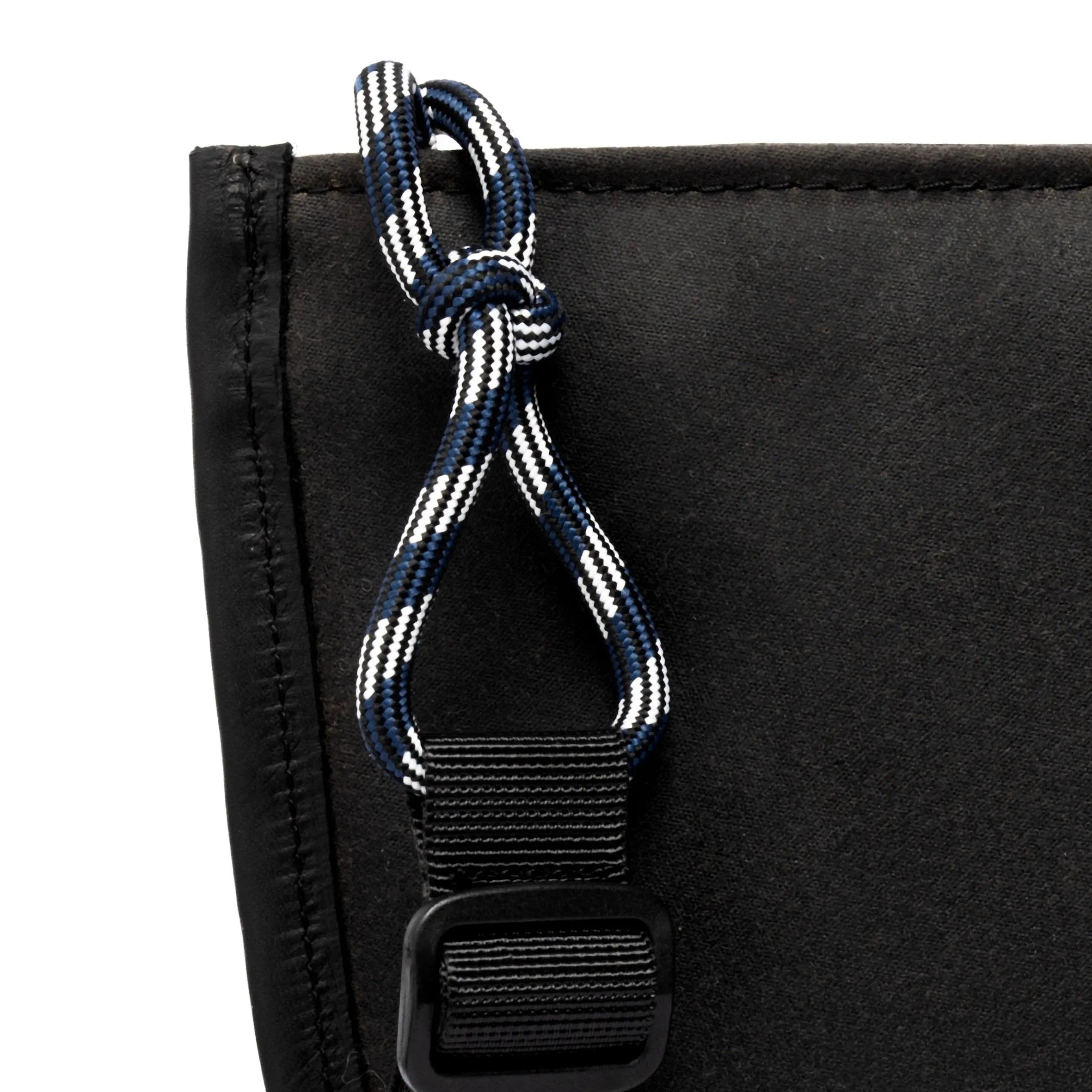 Black shoulder/cross body bag with strap detail on white background