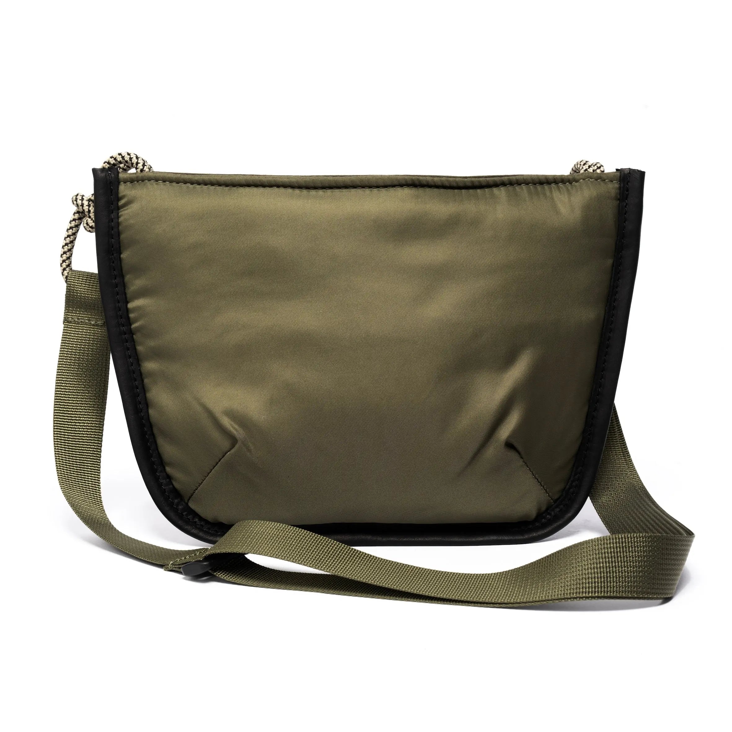 Olive shoulder/cross body bag showing strap detail on white background