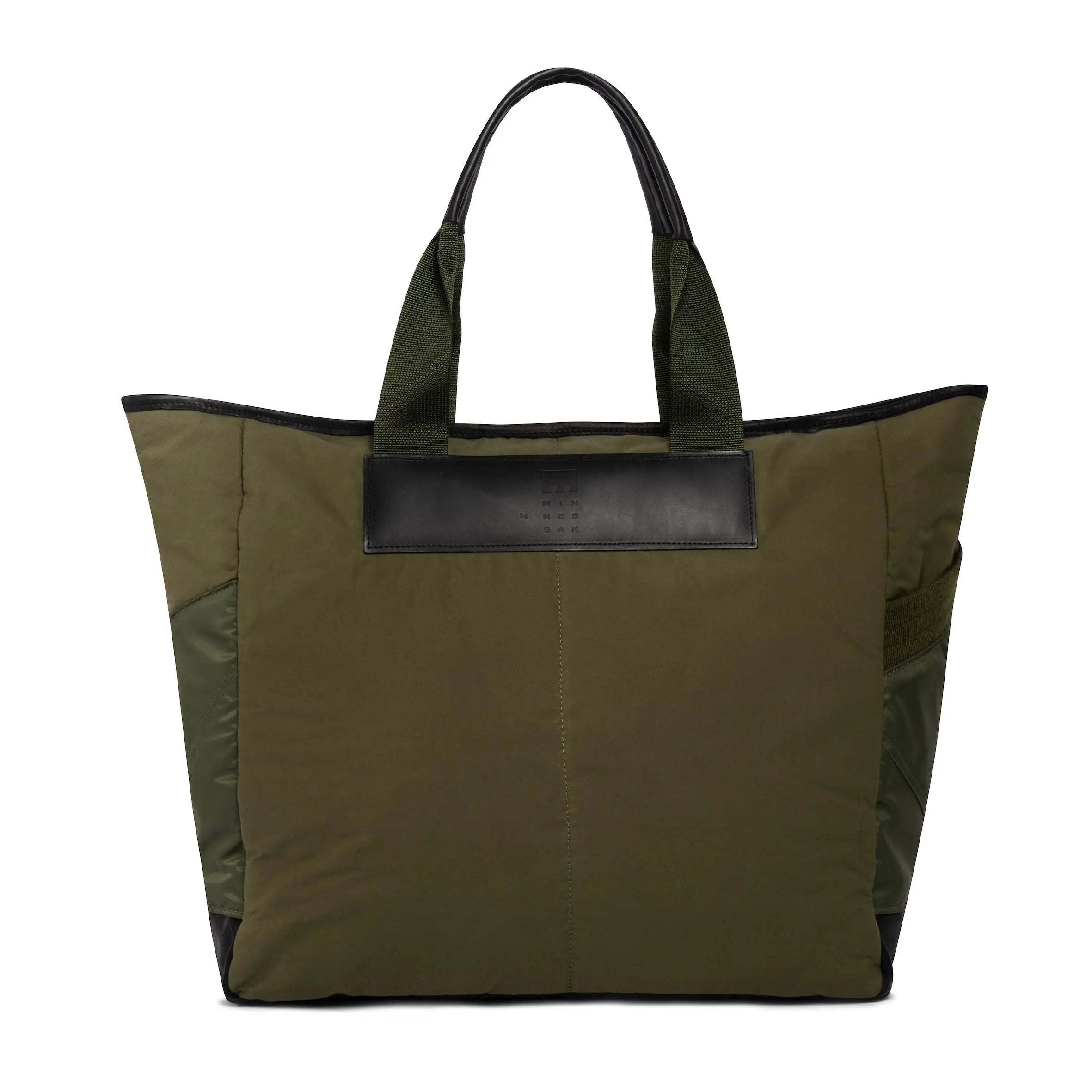 Large olive tote bag on white background