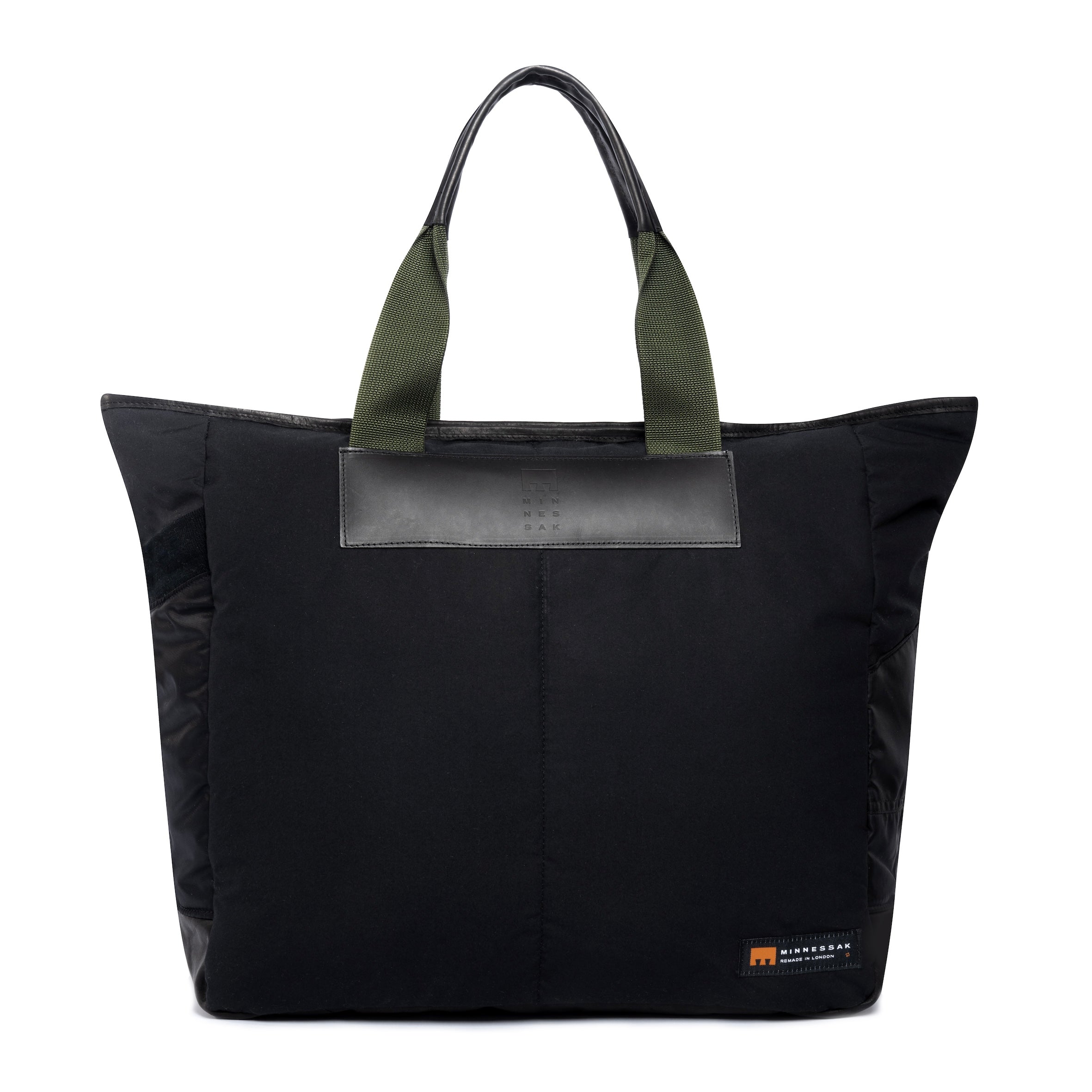 Large black tote bag with Minnessak logo on white background