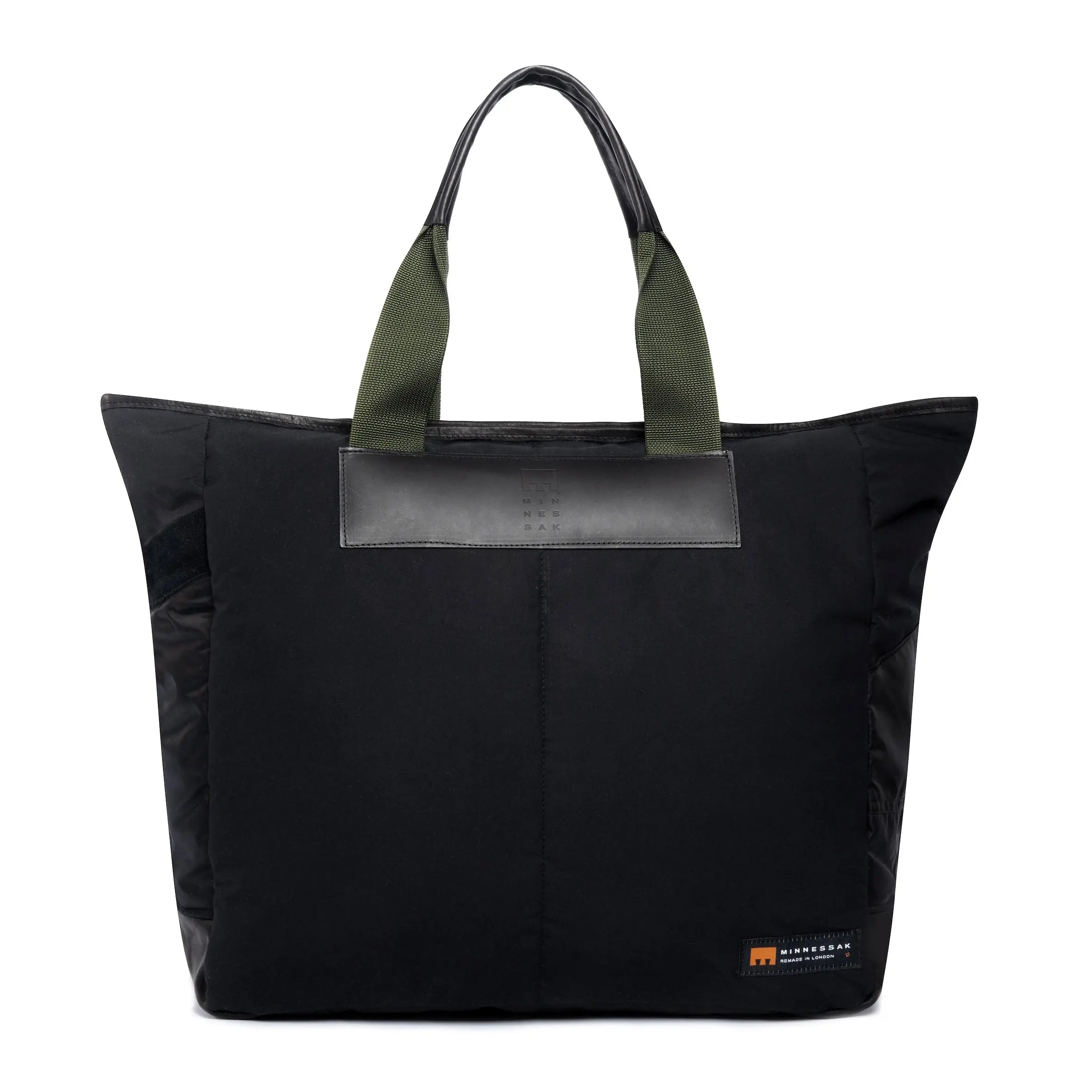 Large black tote bag with Minnessak logo on white background