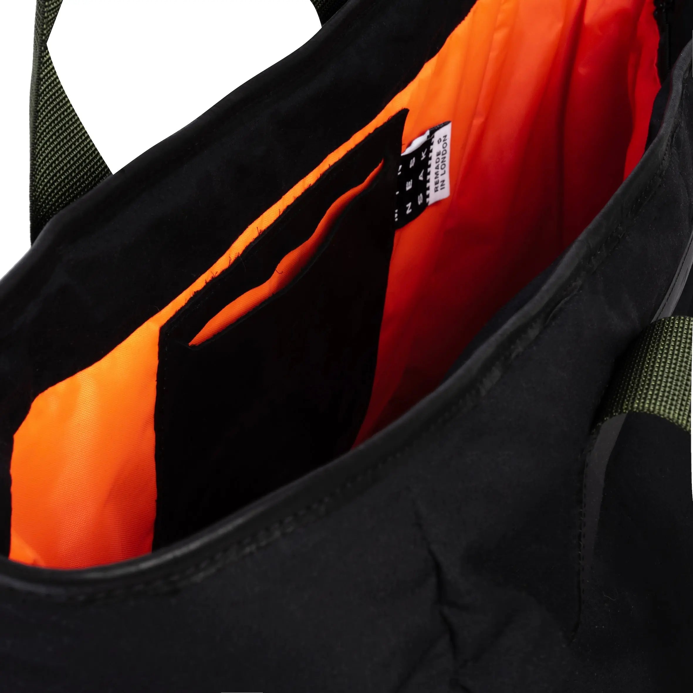 Large black tote bag internal view on white background