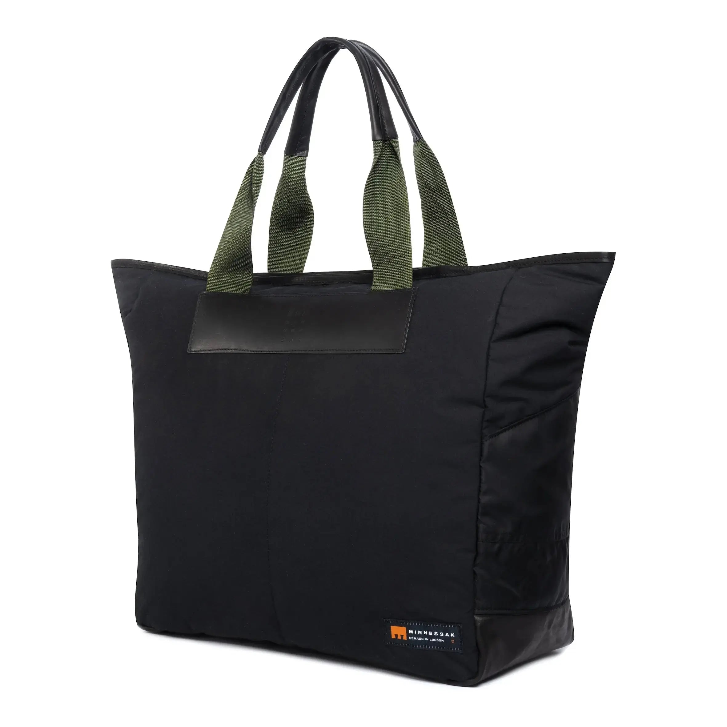 Large black tote bag side view on white background