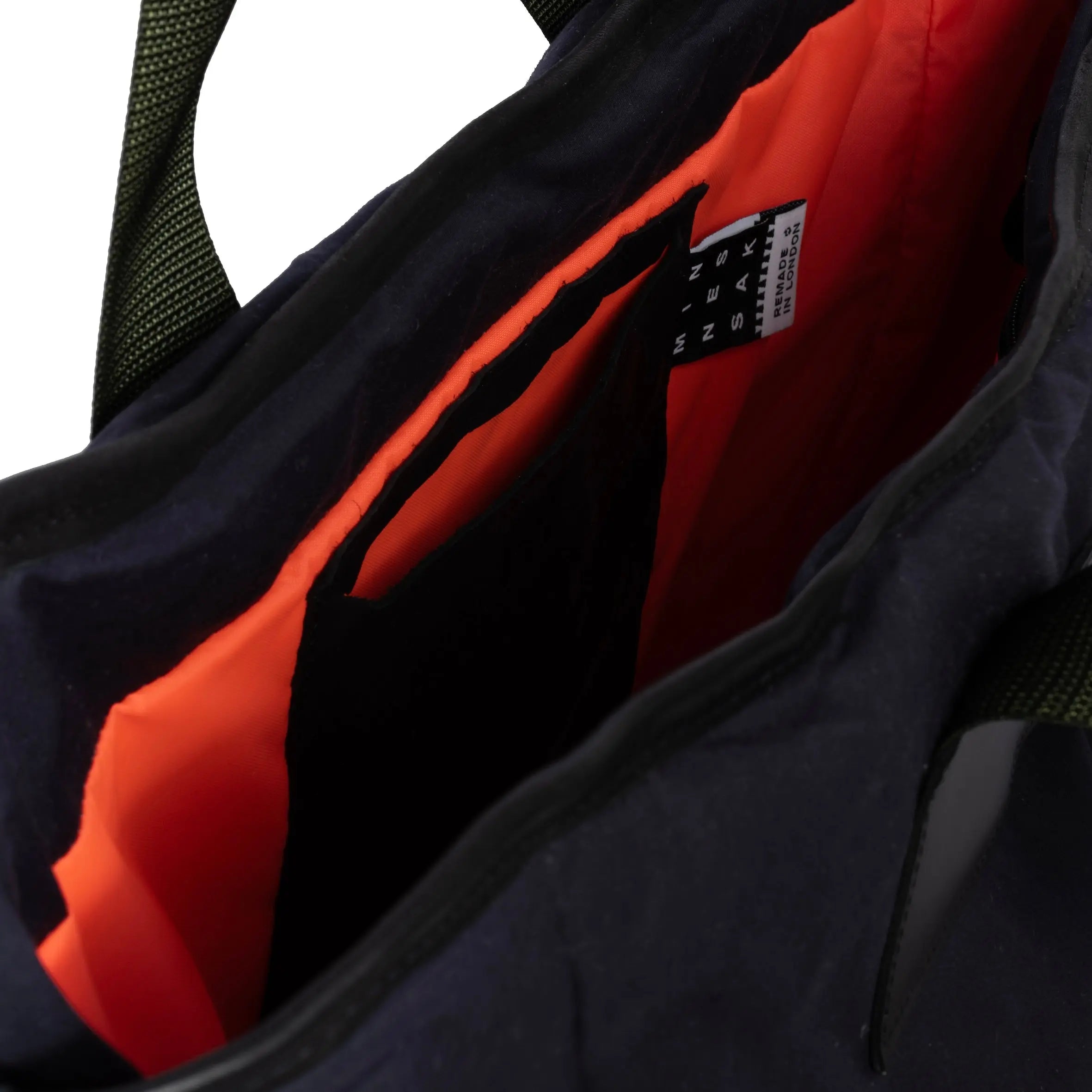 Large navy tote bag internal detail on white background