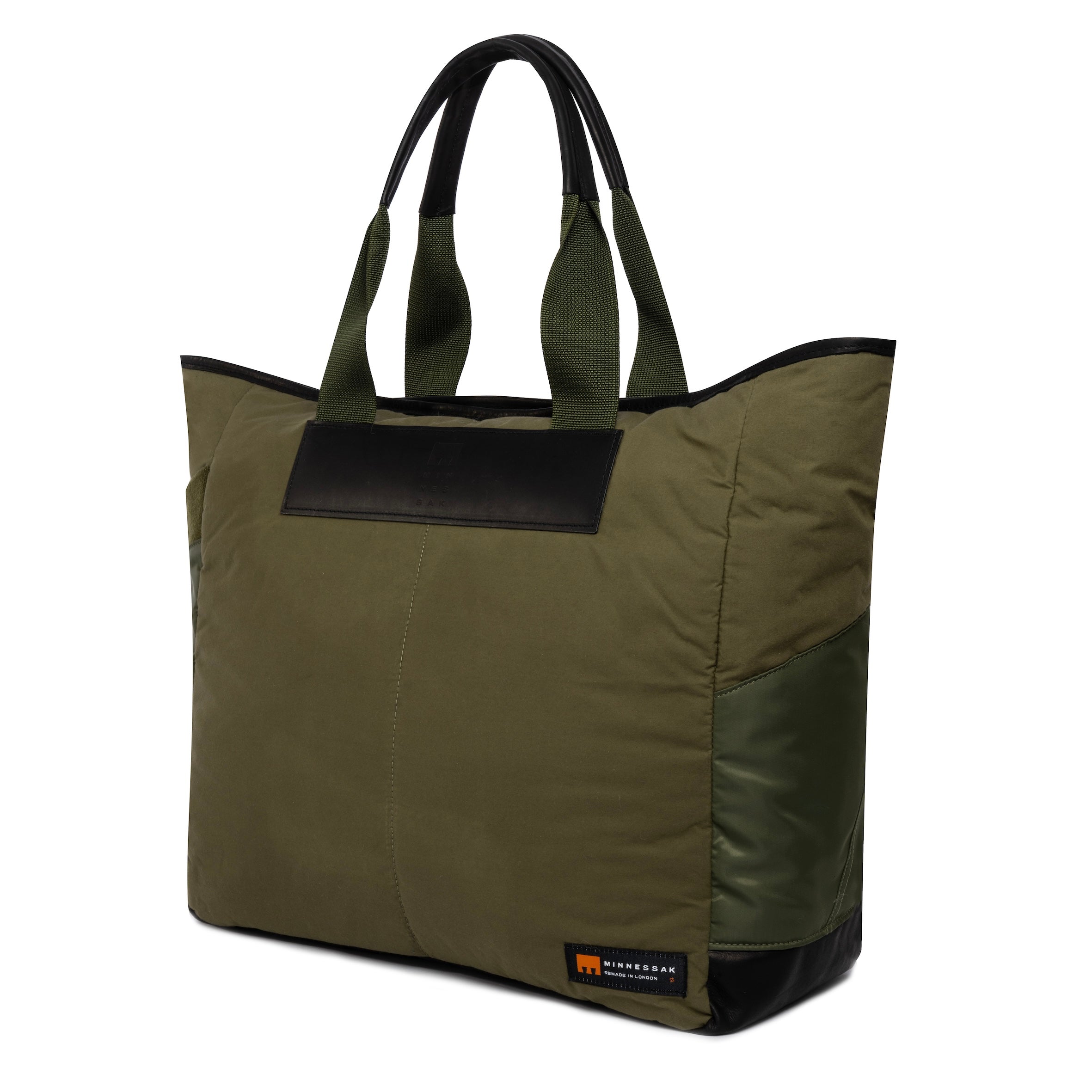 Large olive tote bag side view with Minnessak logog on white background