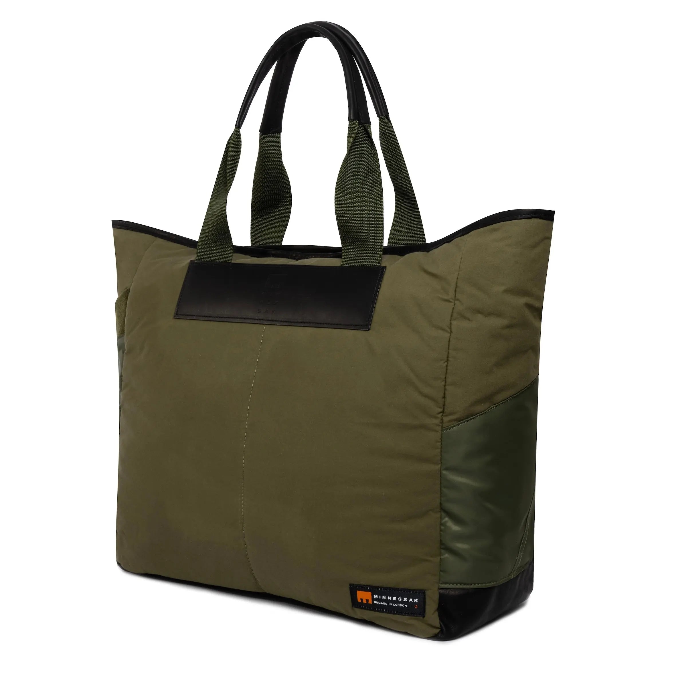 Large olive tote bag side view with Minnessak logog on white background