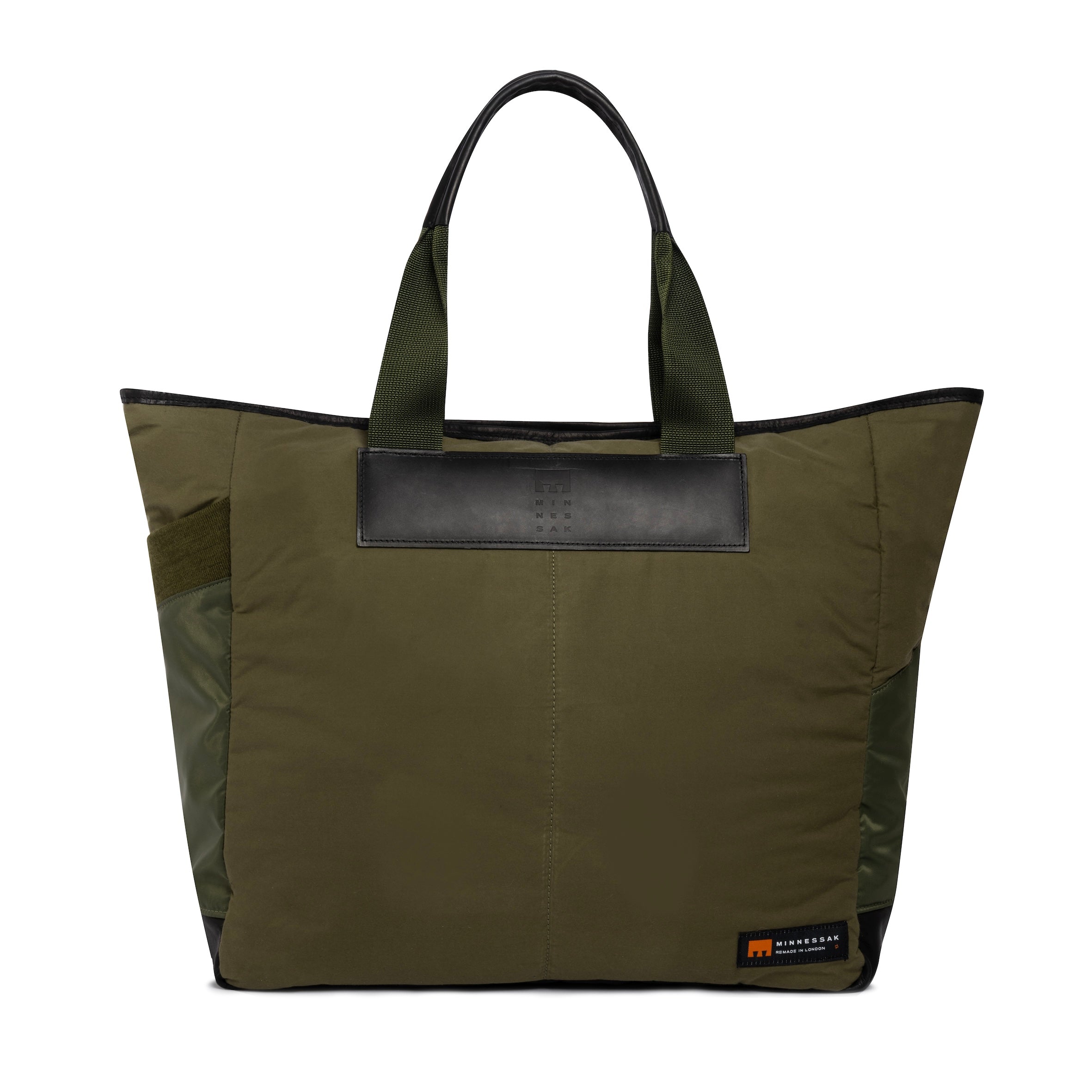 Large olive Tote bag with Minnessak logo on white background