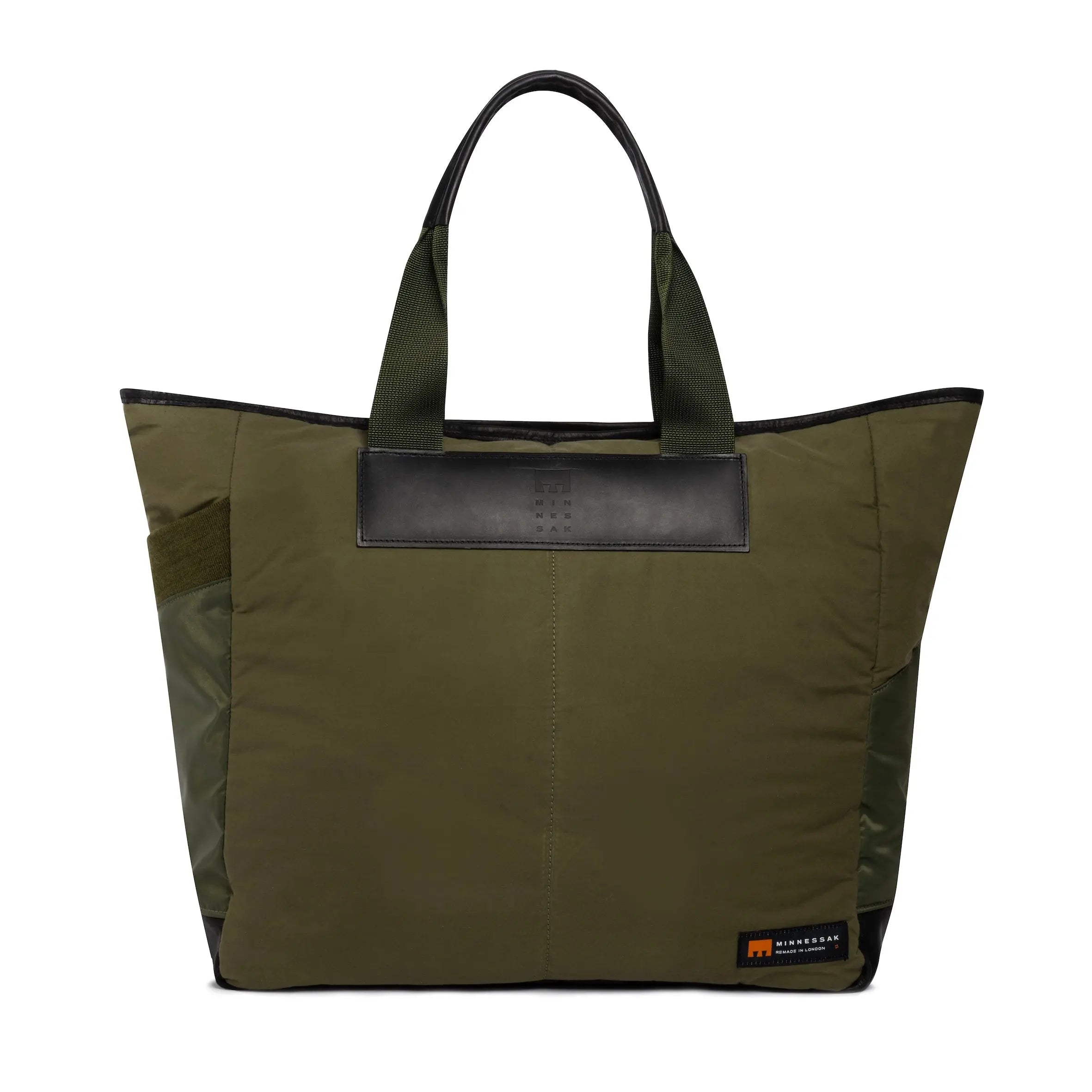 Large olive Tote bag with Minnessak logo on white background
