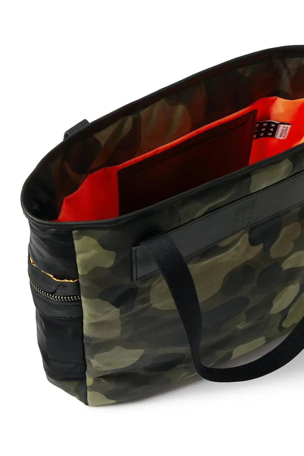 Camouflage tote bag with black accents on a white background