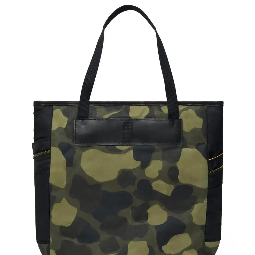 Camouflage tote bag with black accents on a white background