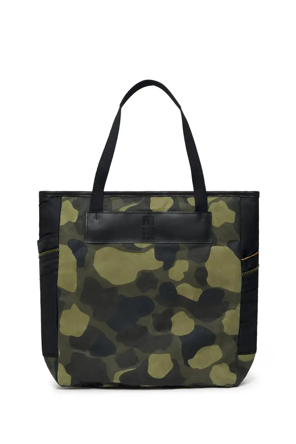 Camouflage tote bag with black accents on a white background