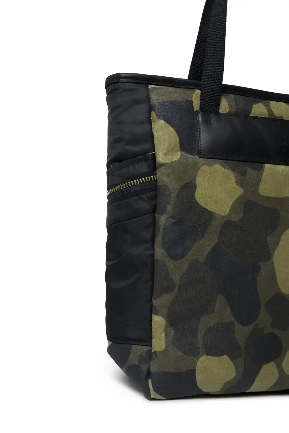 Camouflage tote bag with black accents on a white background