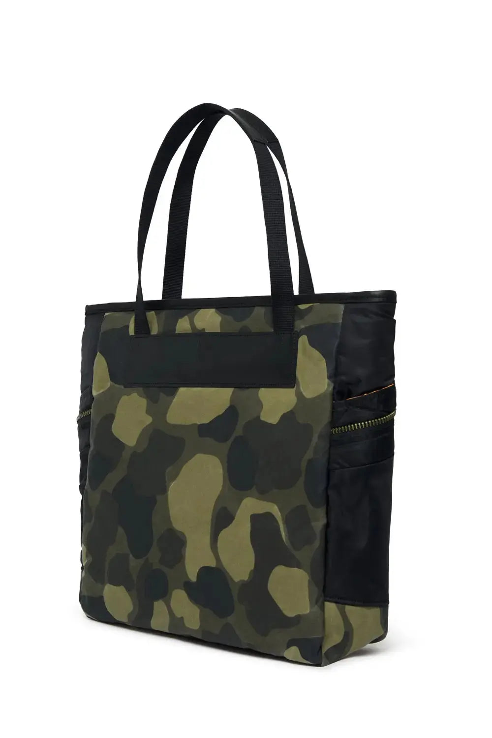 Camouflage-patterned tote bag with black accents on a white background
